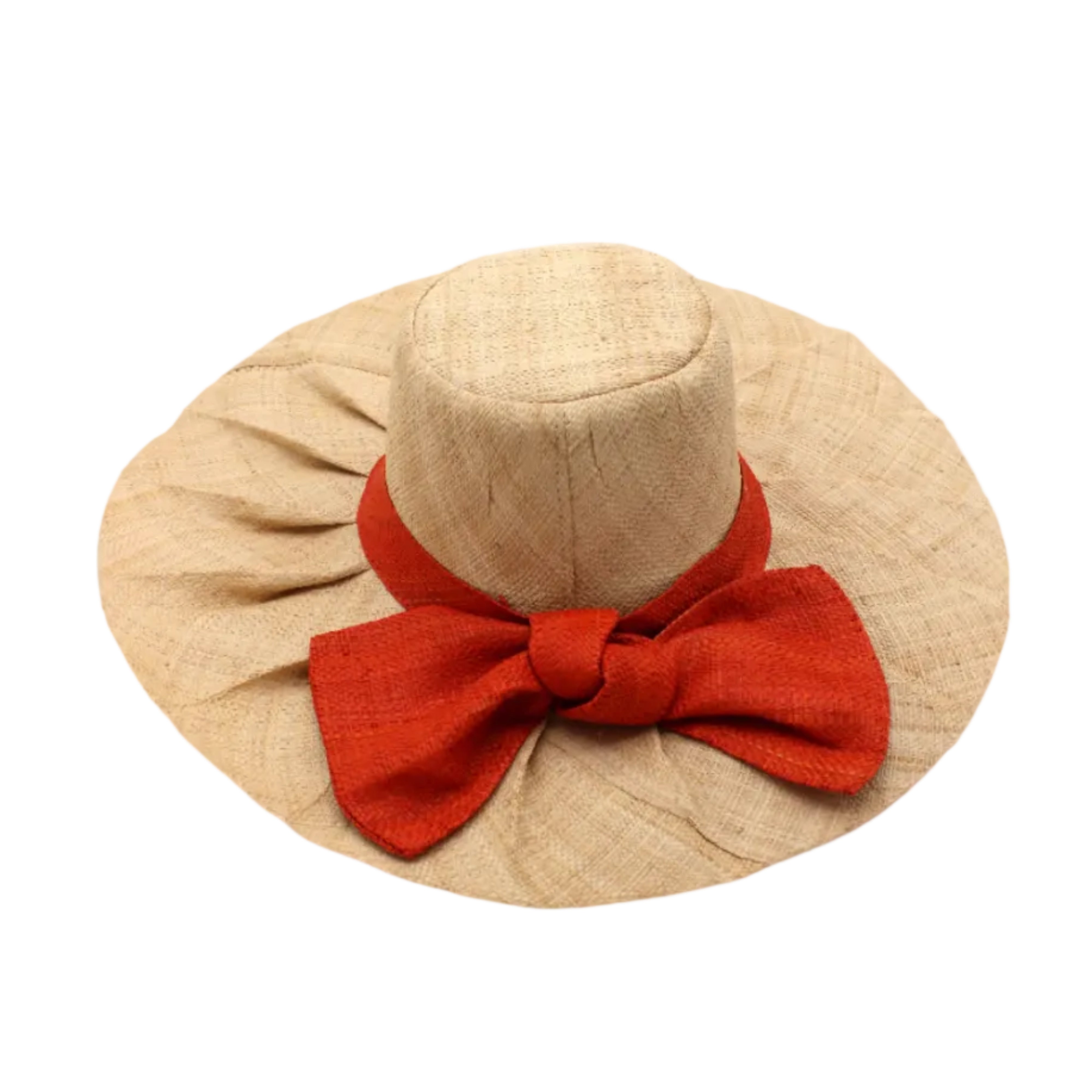 Lilly 5" Brim Fan Straw Sun Hat with Big Coral orange/red bow and matching hatband on handmade natural loomed raffia pleated wide brim hat - Shebobo