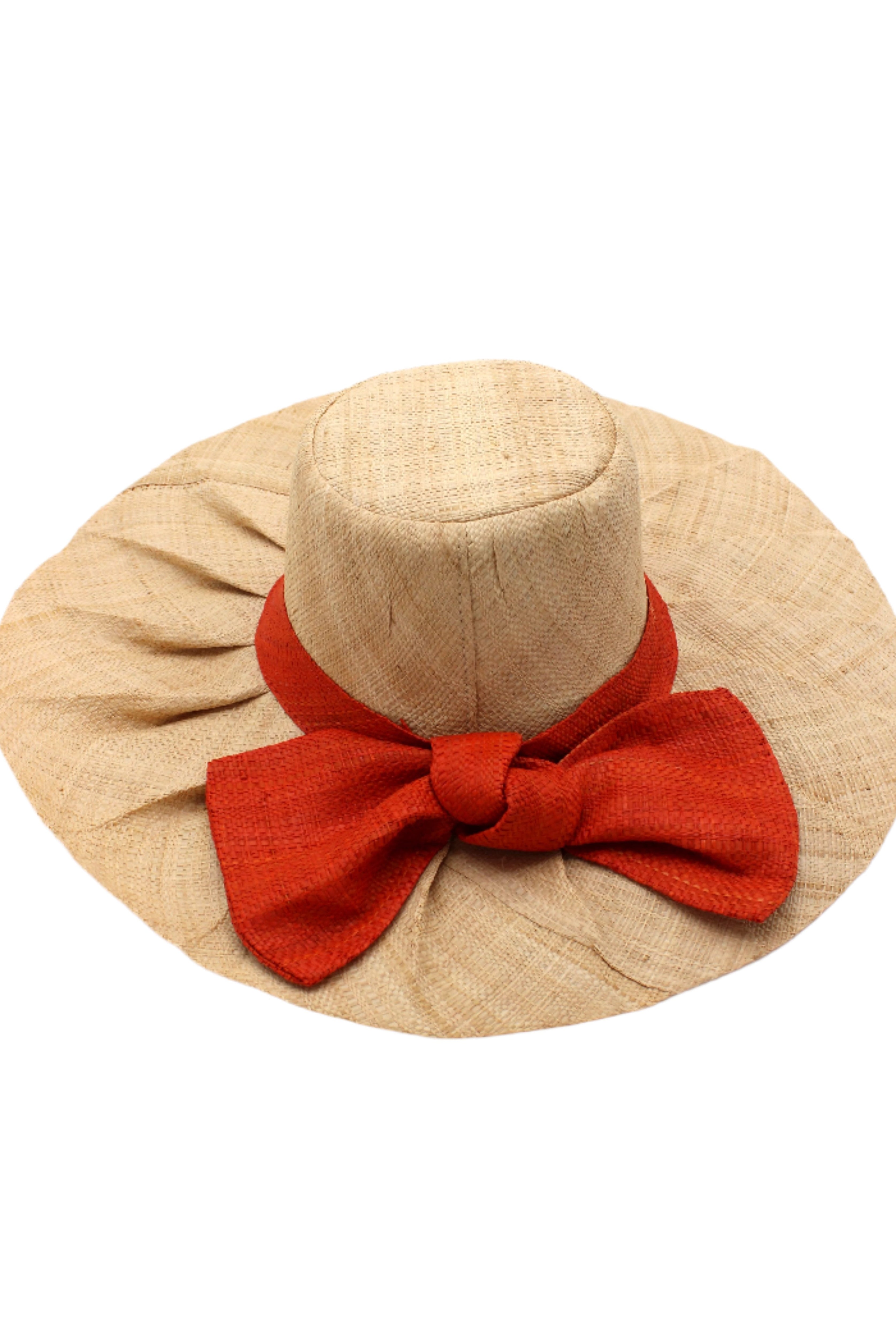 Lilly 5" Brim Fan Straw Sun Hat with Big Coral orange/red bow and matching hatband on handmade natural loomed raffia pleated wide brim hat - Shebobo