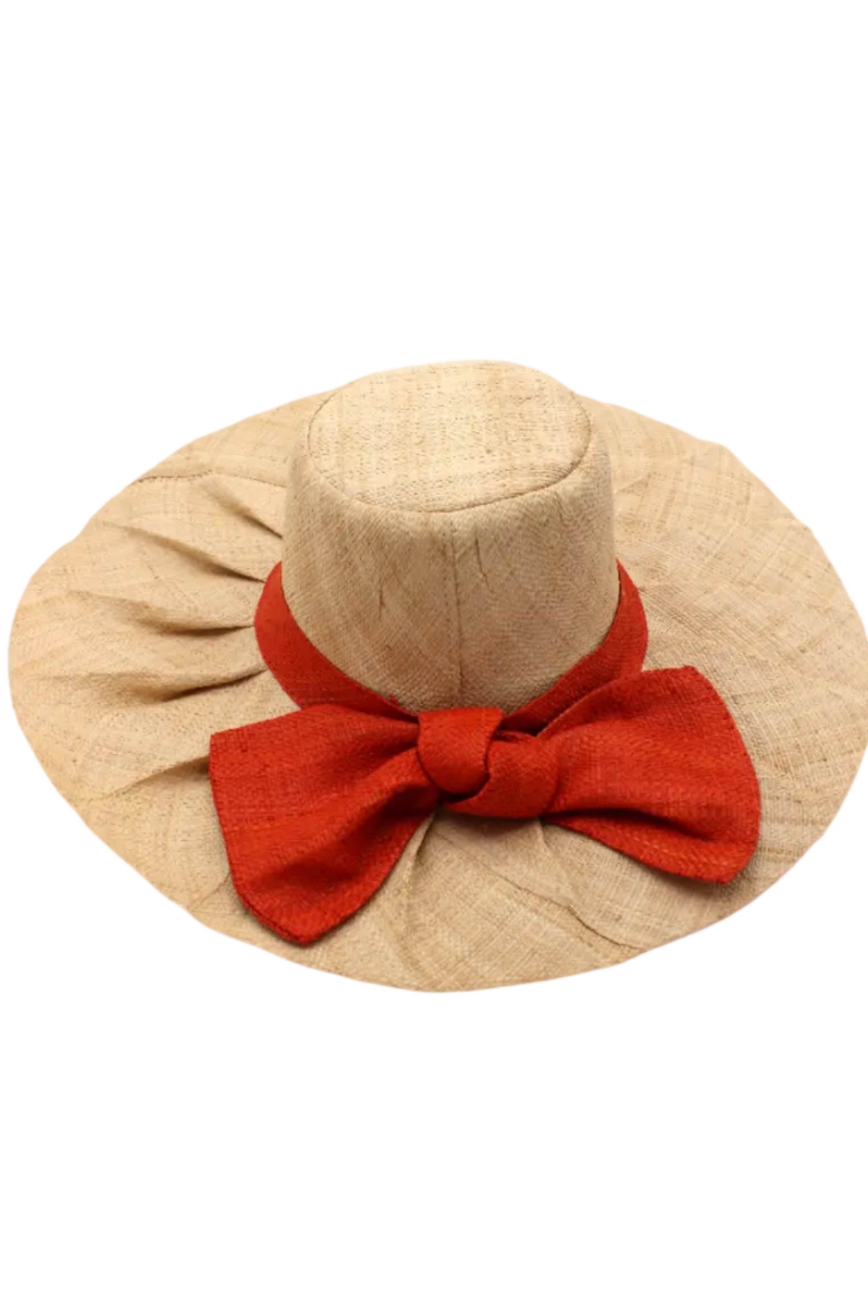 Lilly 5" Brim Fan Straw Sun Hat with Big Coral orange/red bow and matching hatband on handmade natural loomed raffia pleated wide brim hat - Shebobo