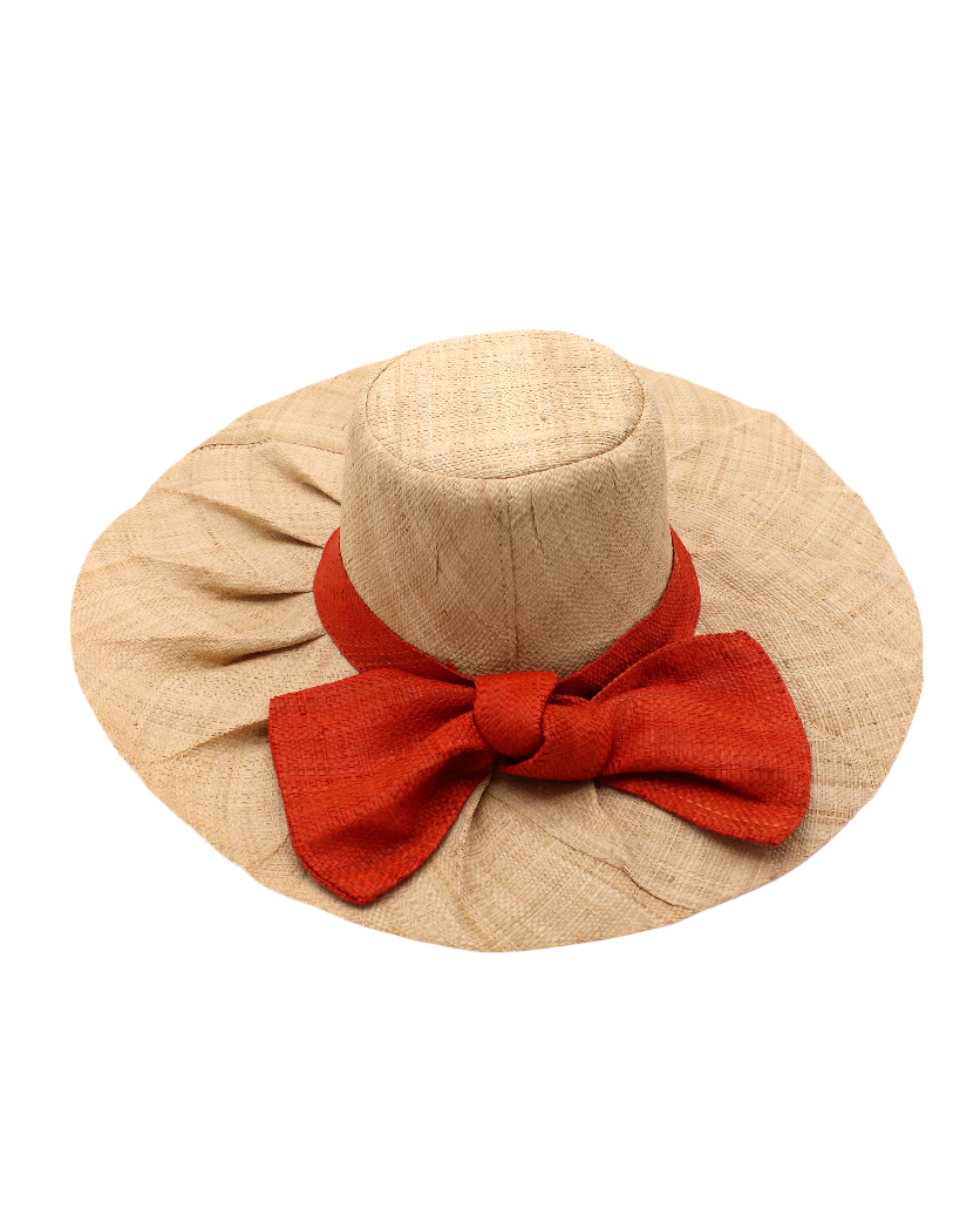 Lilly 5" Brim Fan Straw Sun Hat with Big Coral orange/red bow and matching hatband on handmade natural loomed raffia pleated wide brim hat - Shebobo
