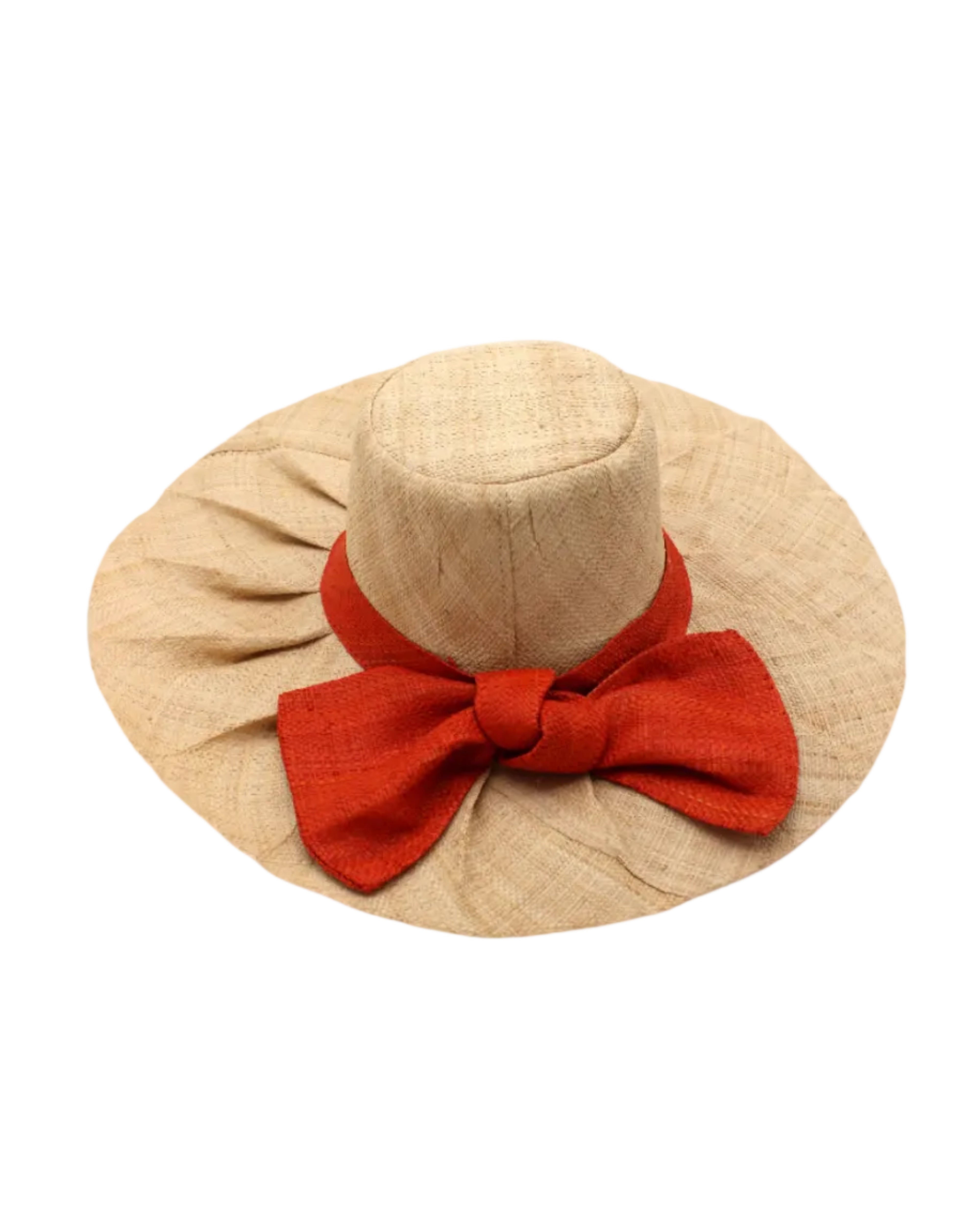 Lilly 5" Brim Fan Straw Sun Hat with Big Coral orange/red bow and matching hatband on handmade natural loomed raffia pleated wide brim hat - Shebobo