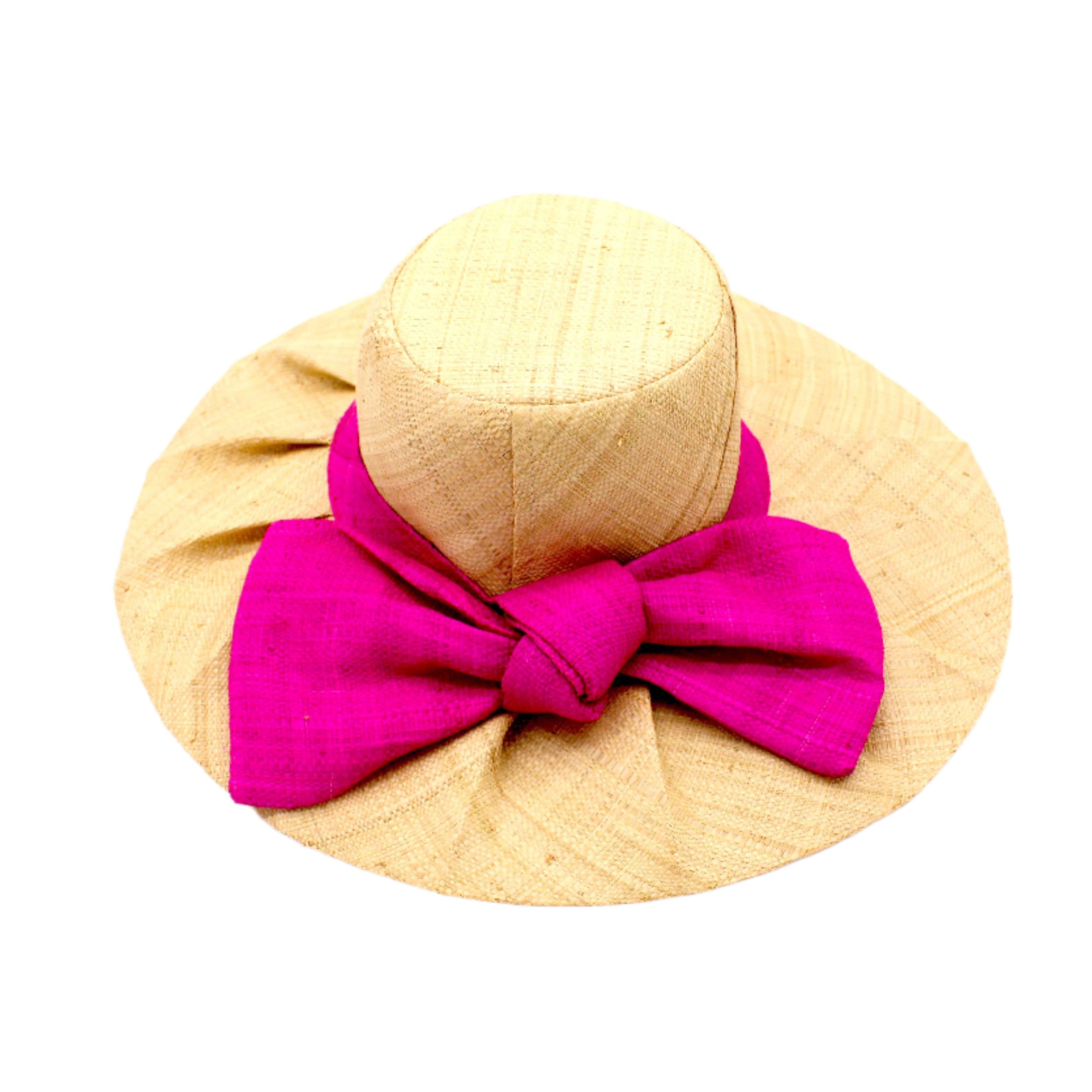 Lilly 5" Brim Fan Straw Sun Hat with Big Fuchsia bright/hot/barbie/pink bow and matching hatband on handmade natural loomed raffia pleated wide brim hat - Shebobo