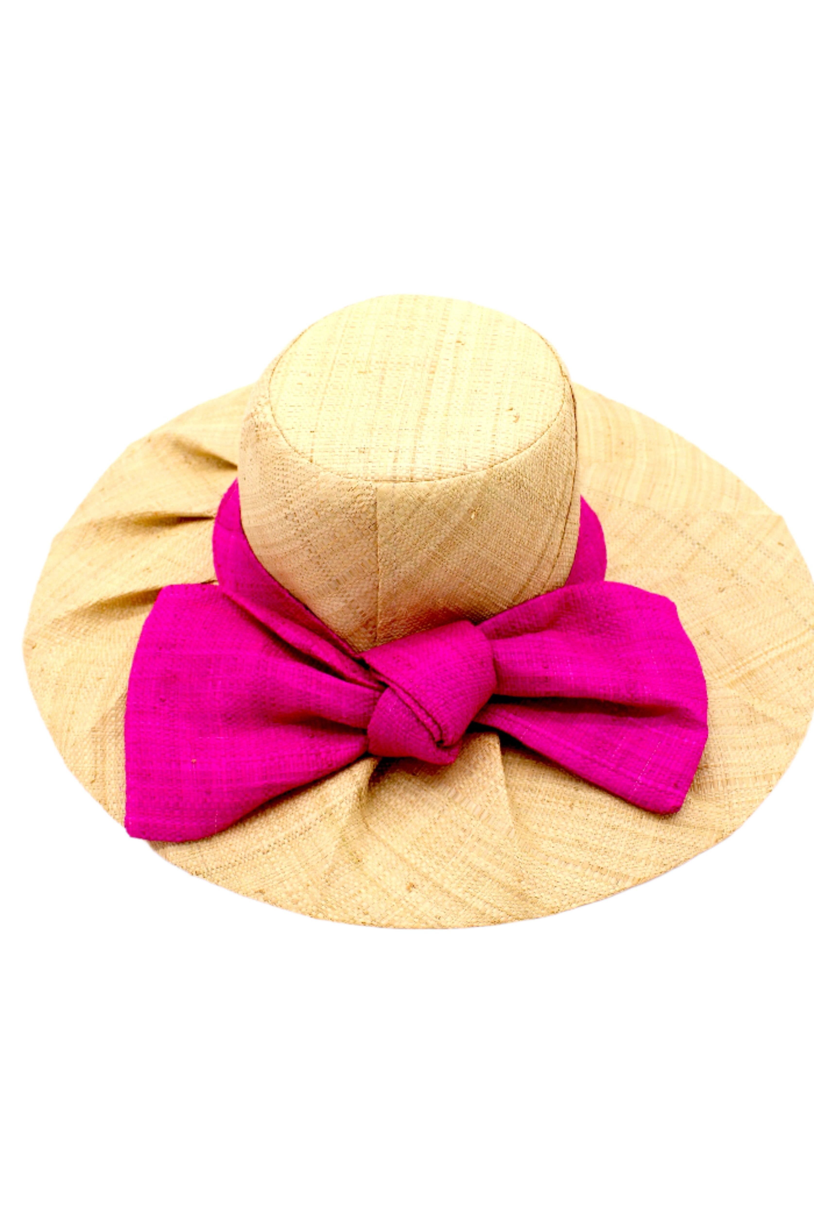 Lilly 5" Brim Fan Straw Sun Hat with Big Fuchsia bright/hot/barbie/pink bow and matching hatband on handmade natural loomed raffia pleated wide brim hat - Shebobo