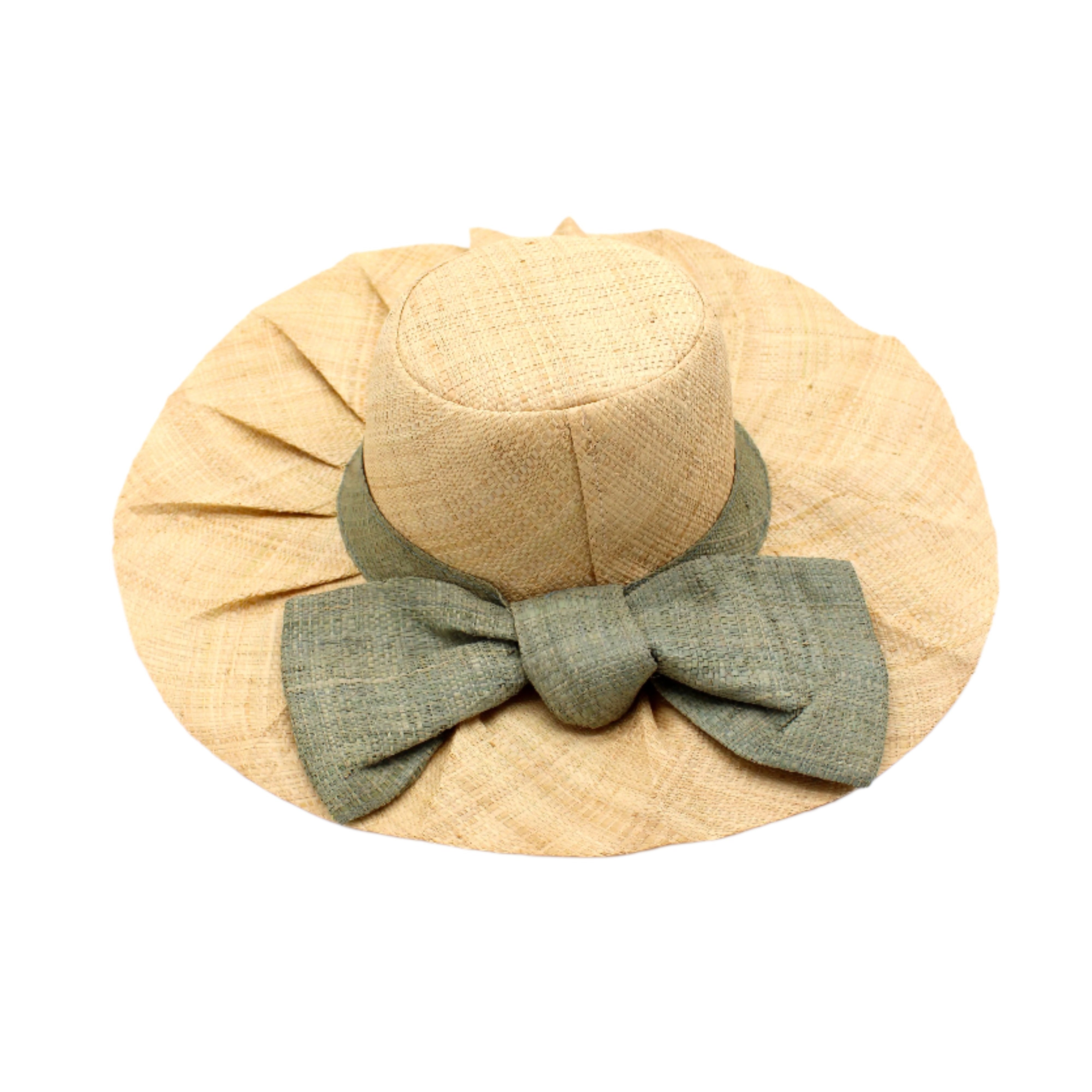 Lilly 5" Brim Fan Straw Sun Hat with Big Ocean Mist/sage/green bow and matching hatband on handmade natural loomed raffia pleated wide brim hat - Shebobo