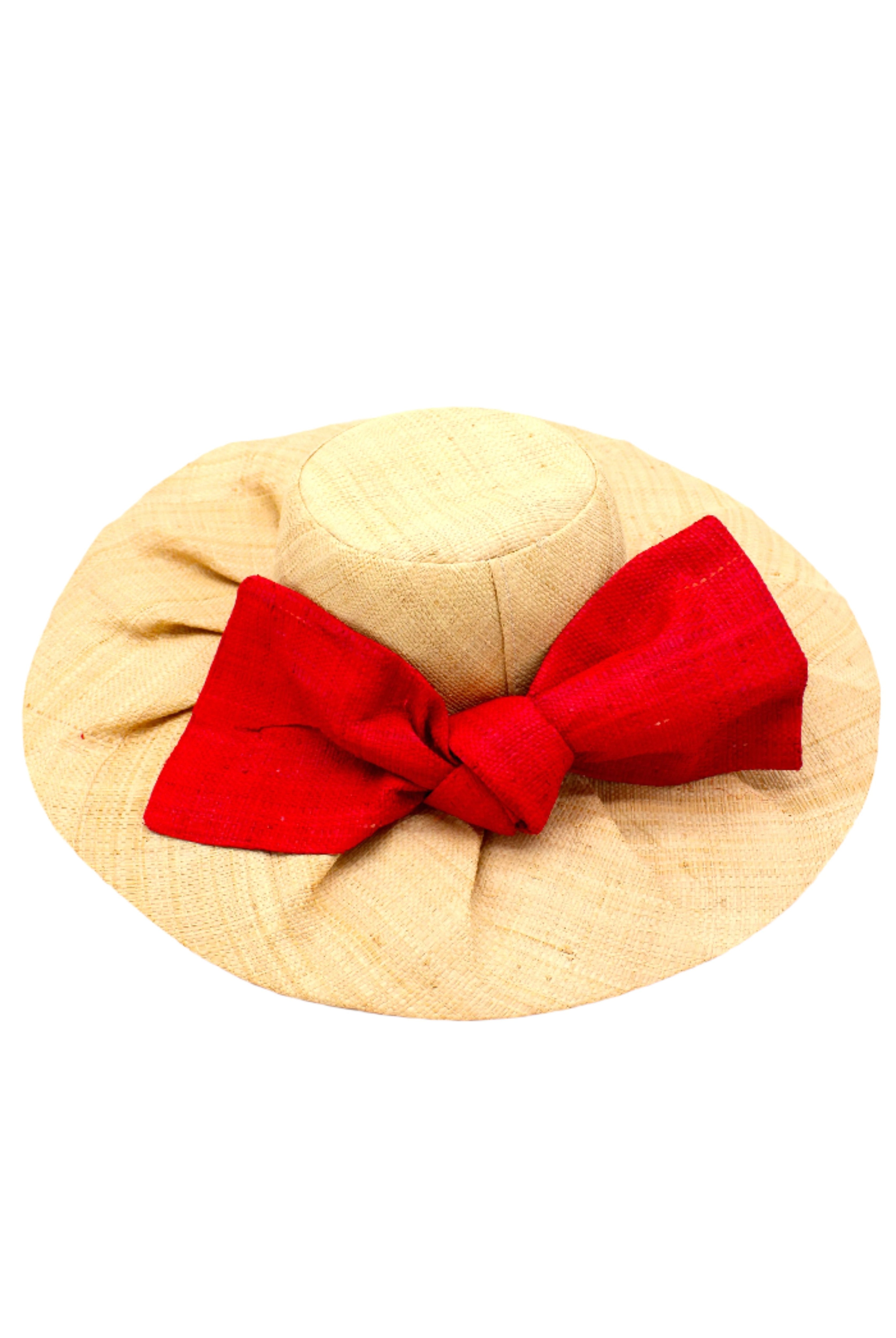 Lilly 5" Brim Fan Straw Sun Hat with Big Red bow and matching hatband on handmade natural loomed raffia pleated wide brim hat - Shebobo