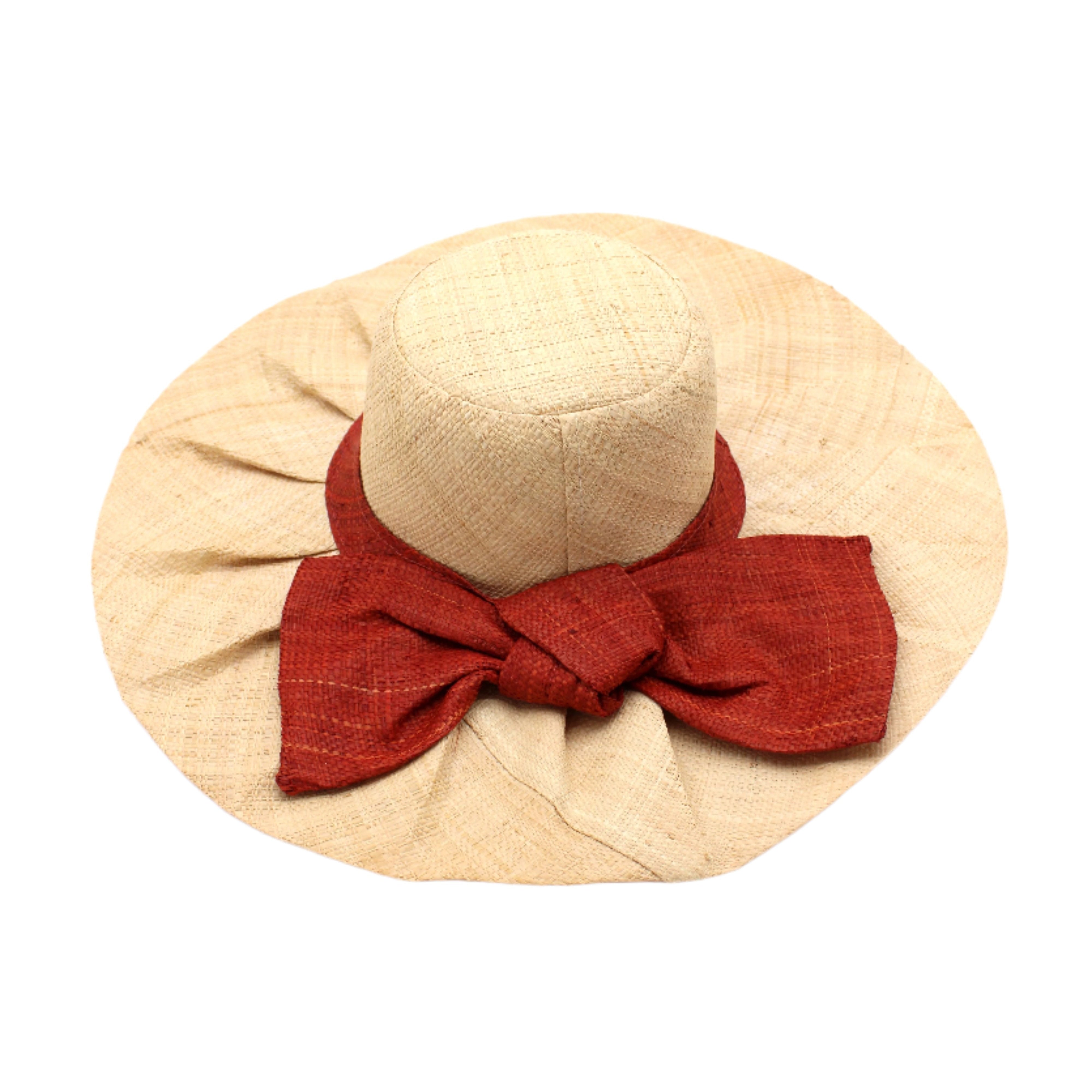 Lilly 5" Brim Fan Straw Sun Hat with Big Whisky red/brown bow and matching hatband on handmade natural loomed raffia pleated wide brim hat - Shebobo