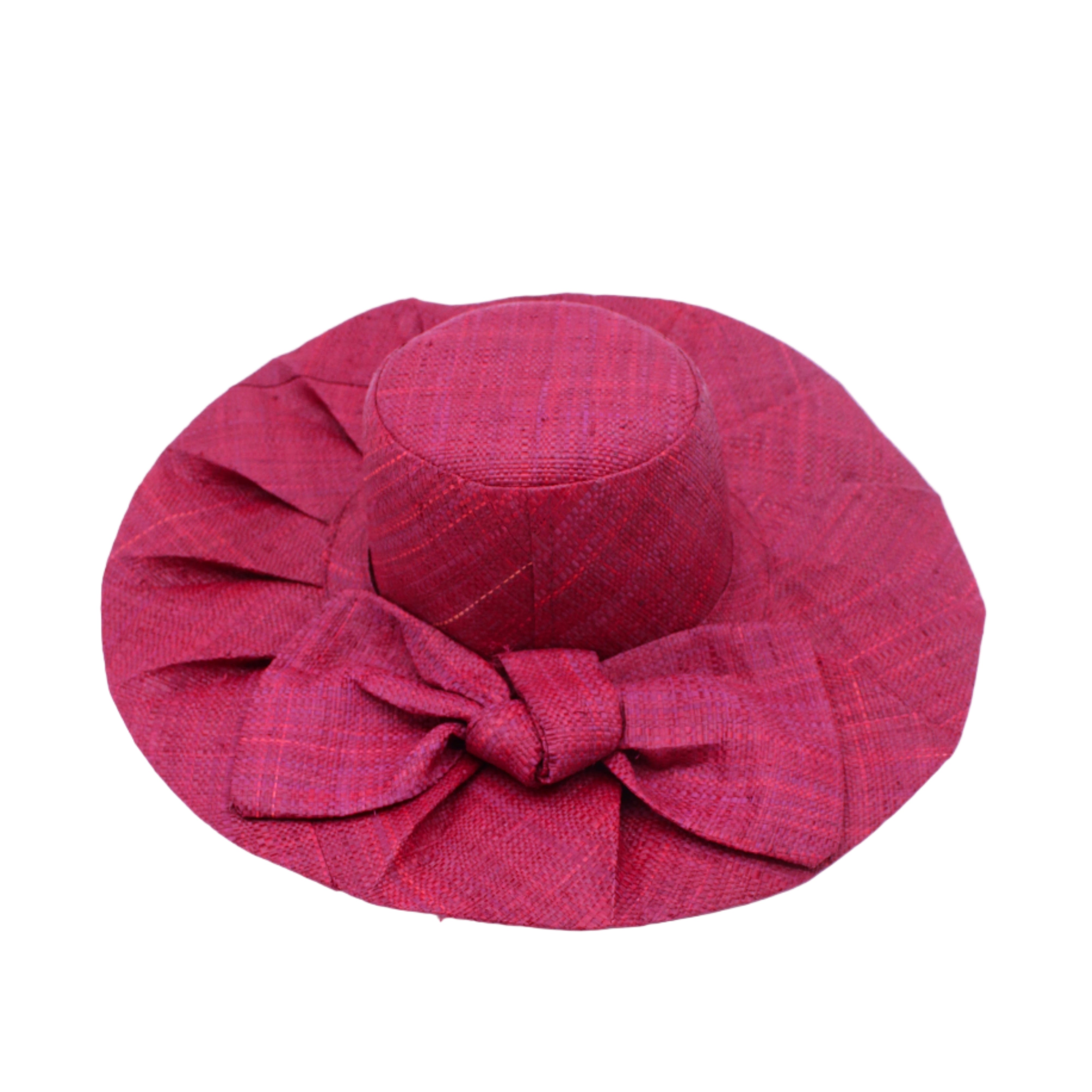 Lilly 5" Brim Fan Straw Sun Hat with Big Bow Umberwine handmade loomed natural raffia palm fiber in a solid hue of umberwine bordeaux/claret/deep/dark/purple/red with pleated wide brim and oversized bow embellishment - Shebobo