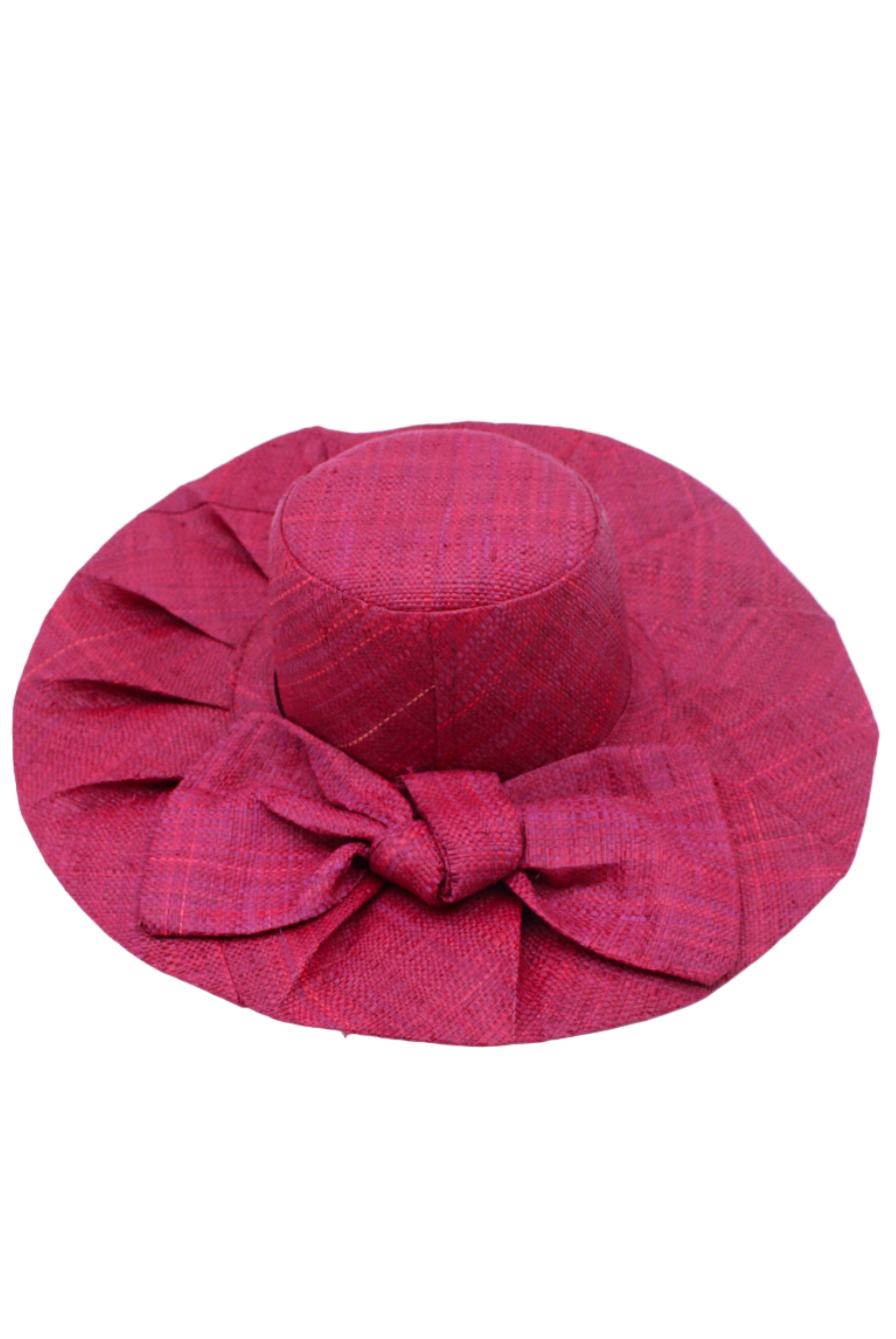 Lilly 5" Brim Fan Straw Sun Hat with Big Bow Umberwine handmade loomed natural raffia palm fiber in a solid hue of umberwine bordeaux/claret/deep/dark/purple/red with pleated wide brim and oversized bow embellishment - Shebobo