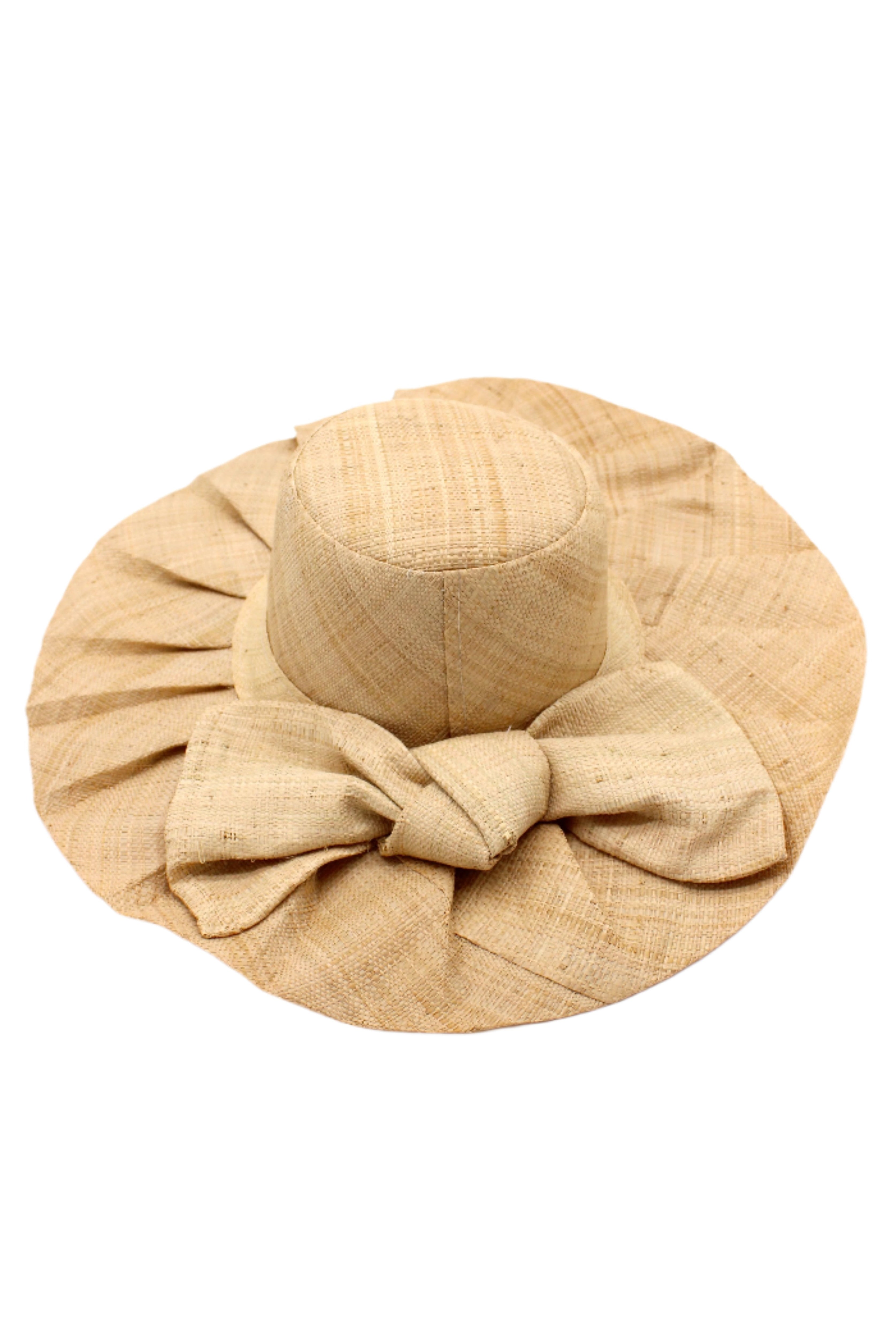 Lilly 5" Brim Fan Straw Sun Hat with Big natural straw colored bow and matching hatband on handmade natural loomed raffia pleated wide brim hat - Shebobo
