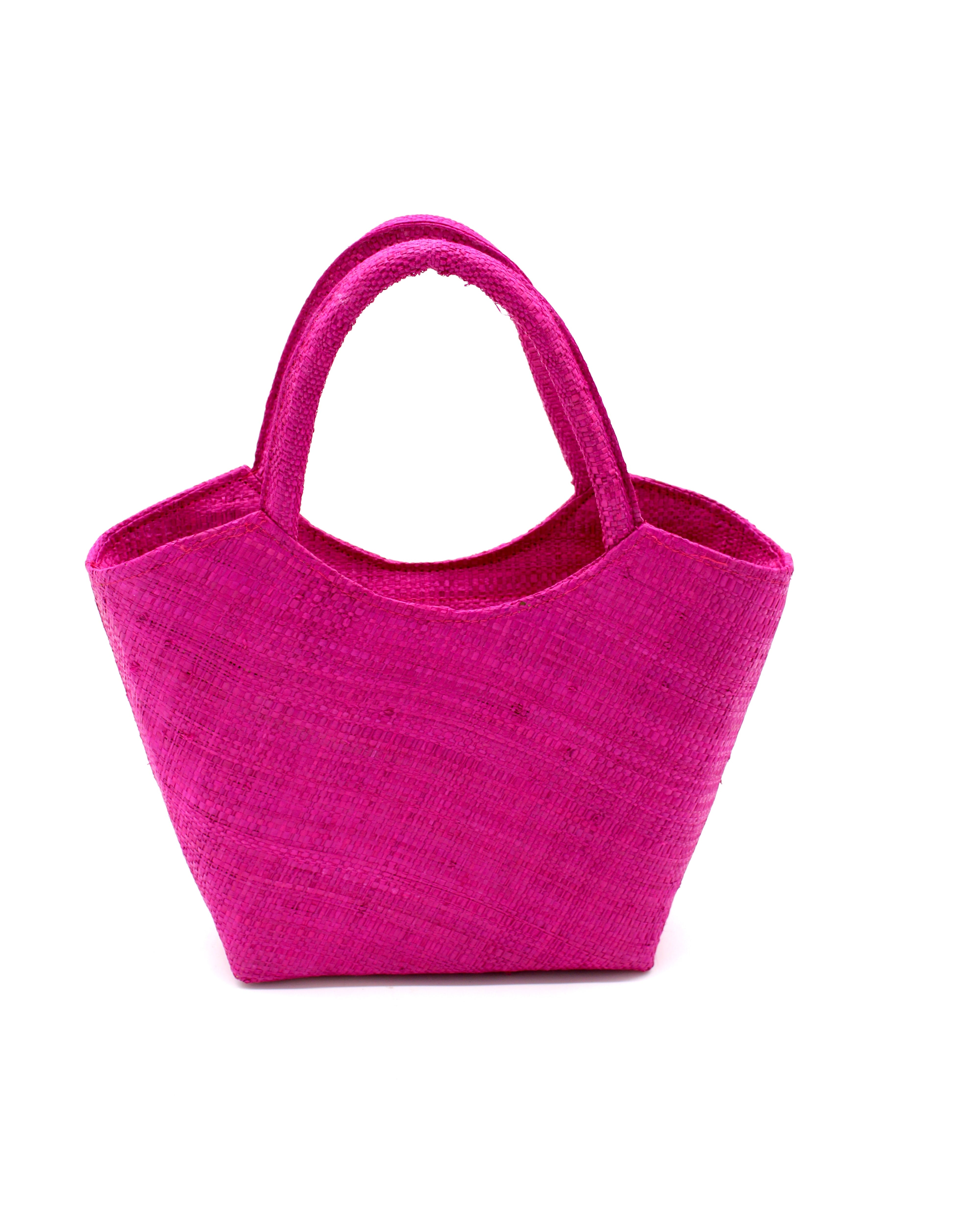 Little Betty Mini Straw Purse Zippered Handbag handmade loomed raffia palm fiber in a solid hue of fuchsia bright/hot/barbie/pink petite small bag with zipper closure - Shebobo