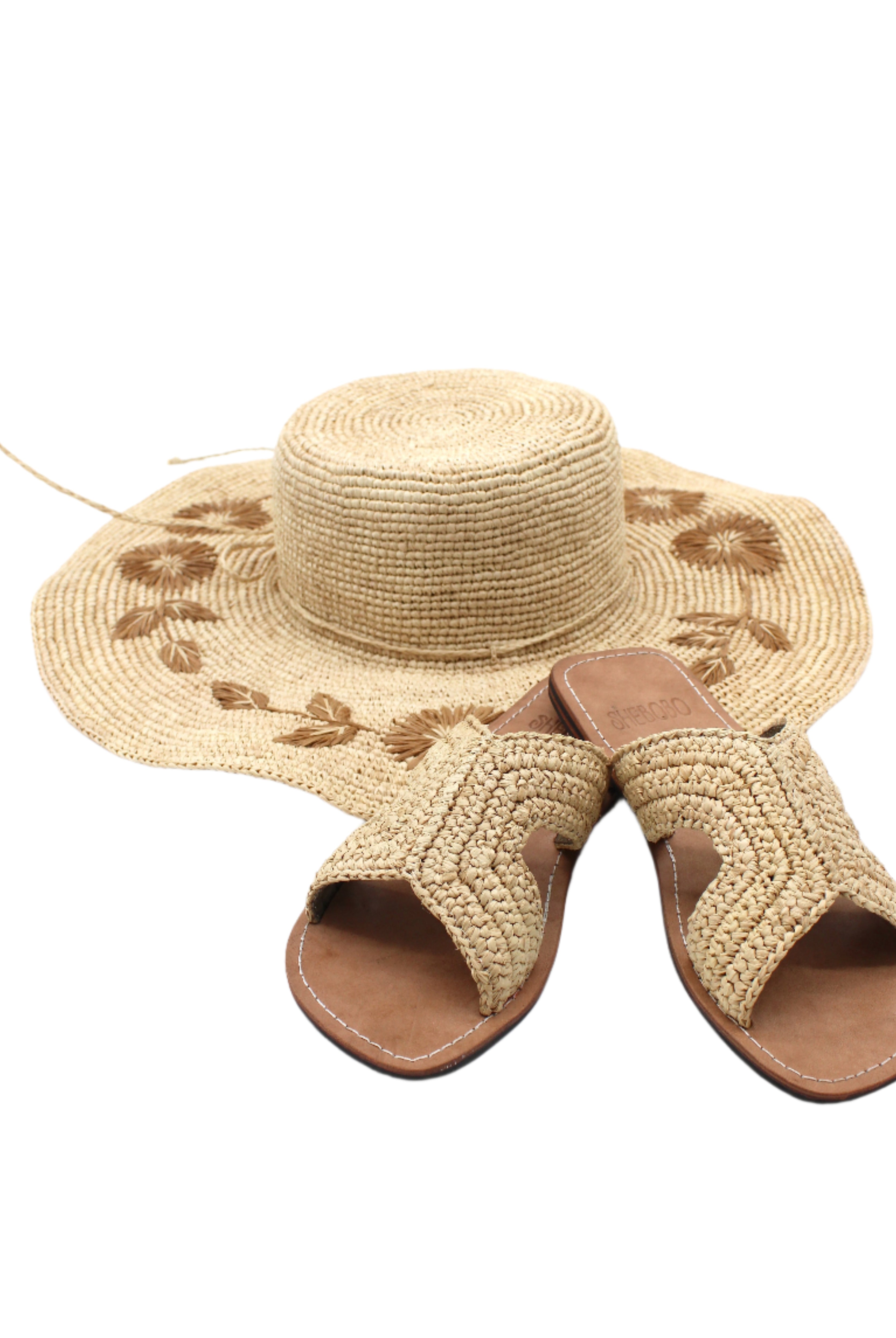 Lizzie Crochet Straw & Leather Sandal handmade crochet natural raffia palm fiber in a solid hue of natural straw color in a h-shape double band across the top of the shoe and leather soles summer slide shoe - Shebobo (with Gigi Flower Embroidery Crochet Straw Sun Hat)