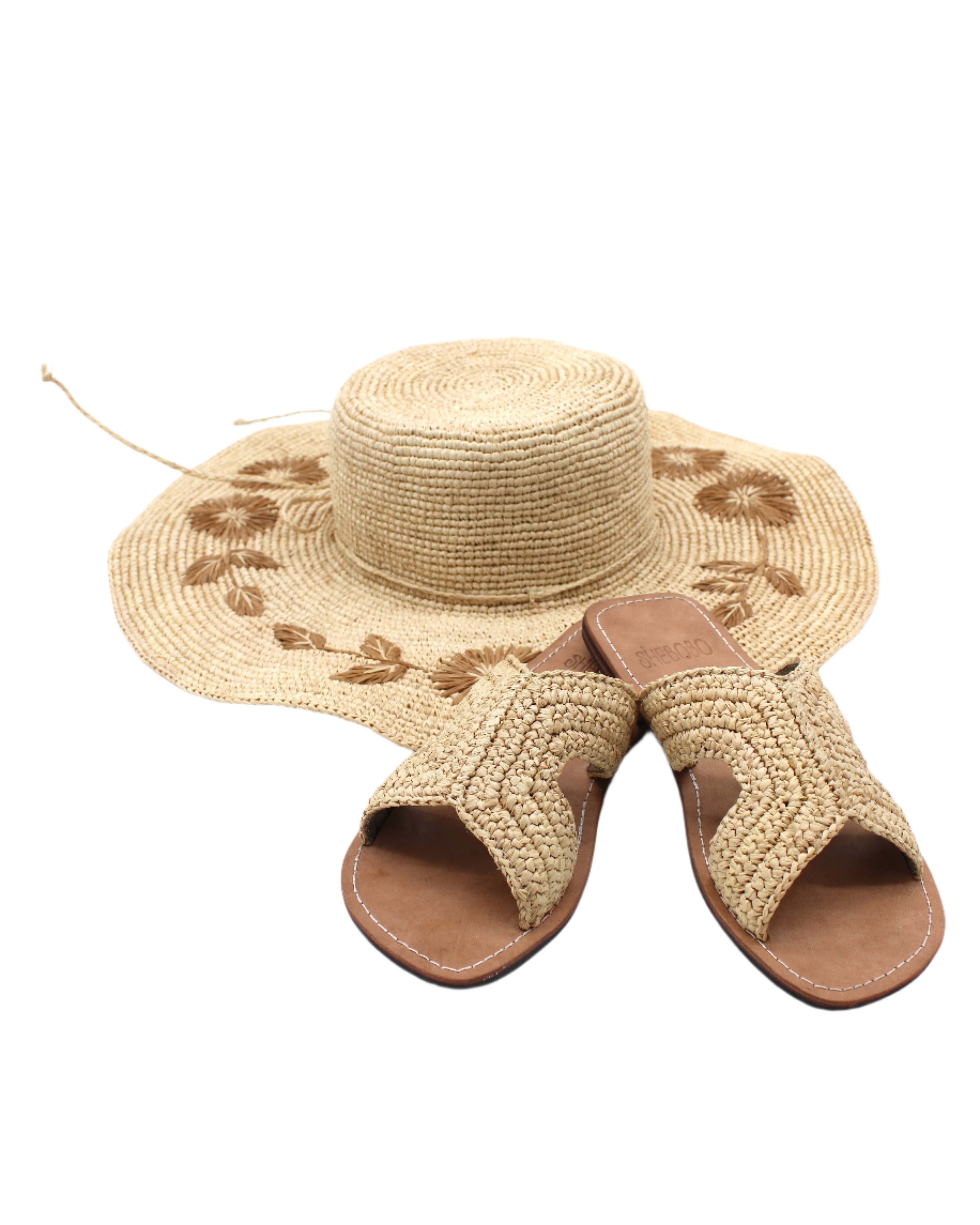 Lizzie Crochet Straw & Leather Sandal handmade crochet natural raffia palm fiber in a solid hue of natural straw color in a h-shape double band across the top of the shoe and leather soles summer slide shoe - Shebobo (with Gigi Flower Embroidery Crochet Straw Sun Hat)