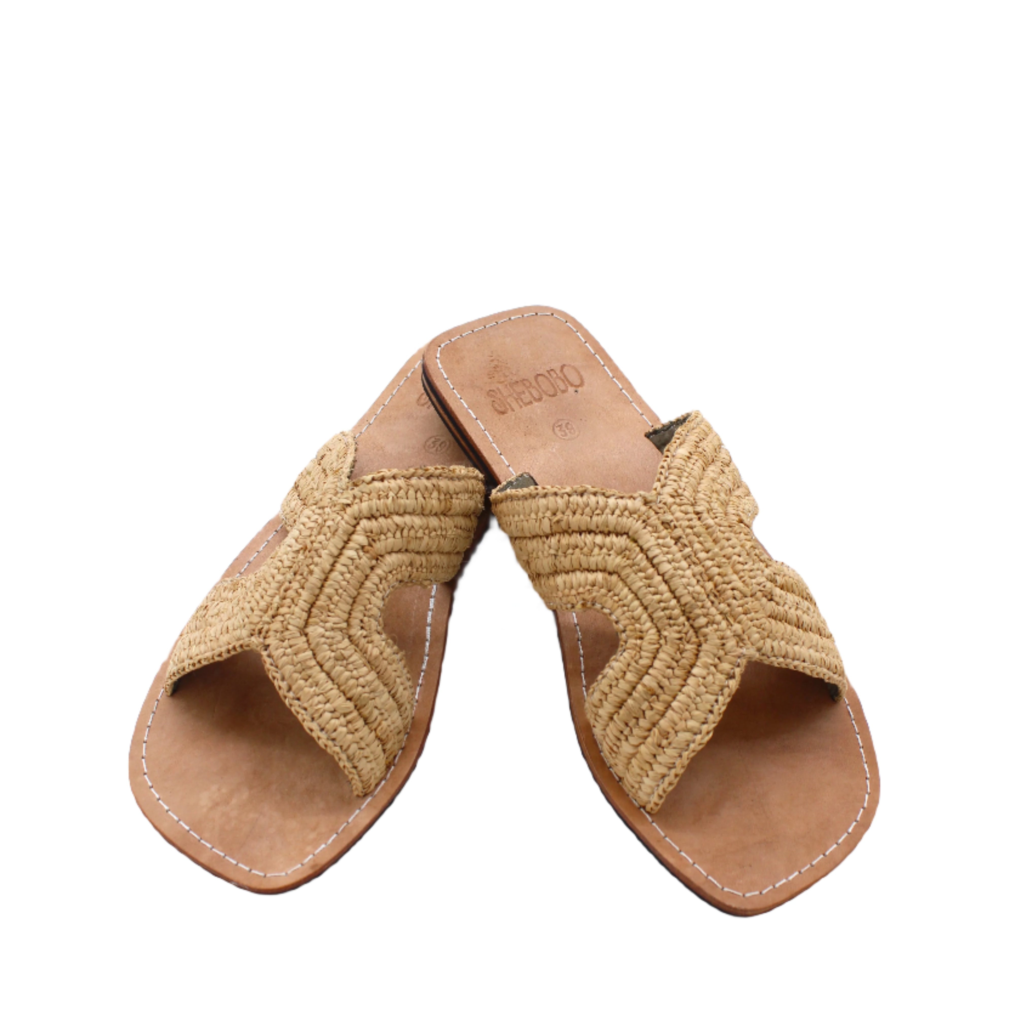 Lizzie Crochet Straw & Leather Sandal handmade crochet natural raffia palm fiber in a solid hue of Cappuccino tea/l in a h-shape double band across the top of the shoe and leather soles summer slide shoe - Shebobo