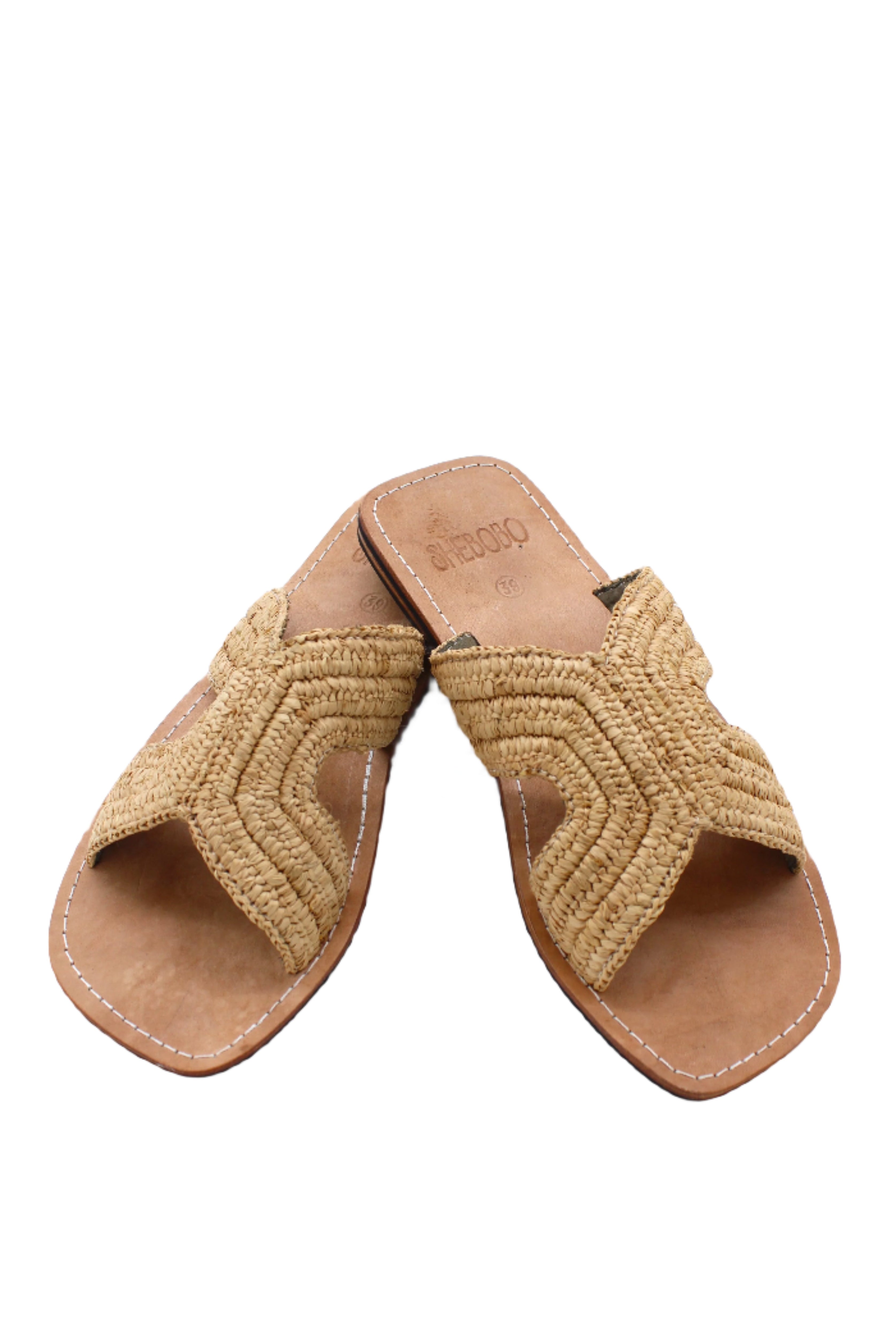 Lizzie Crochet Straw & Leather Sandal handmade crochet natural raffia palm fiber in a solid hue of Cappuccino tea/l in a h-shape double band across the top of the shoe and leather soles summer slide shoe - Shebobo