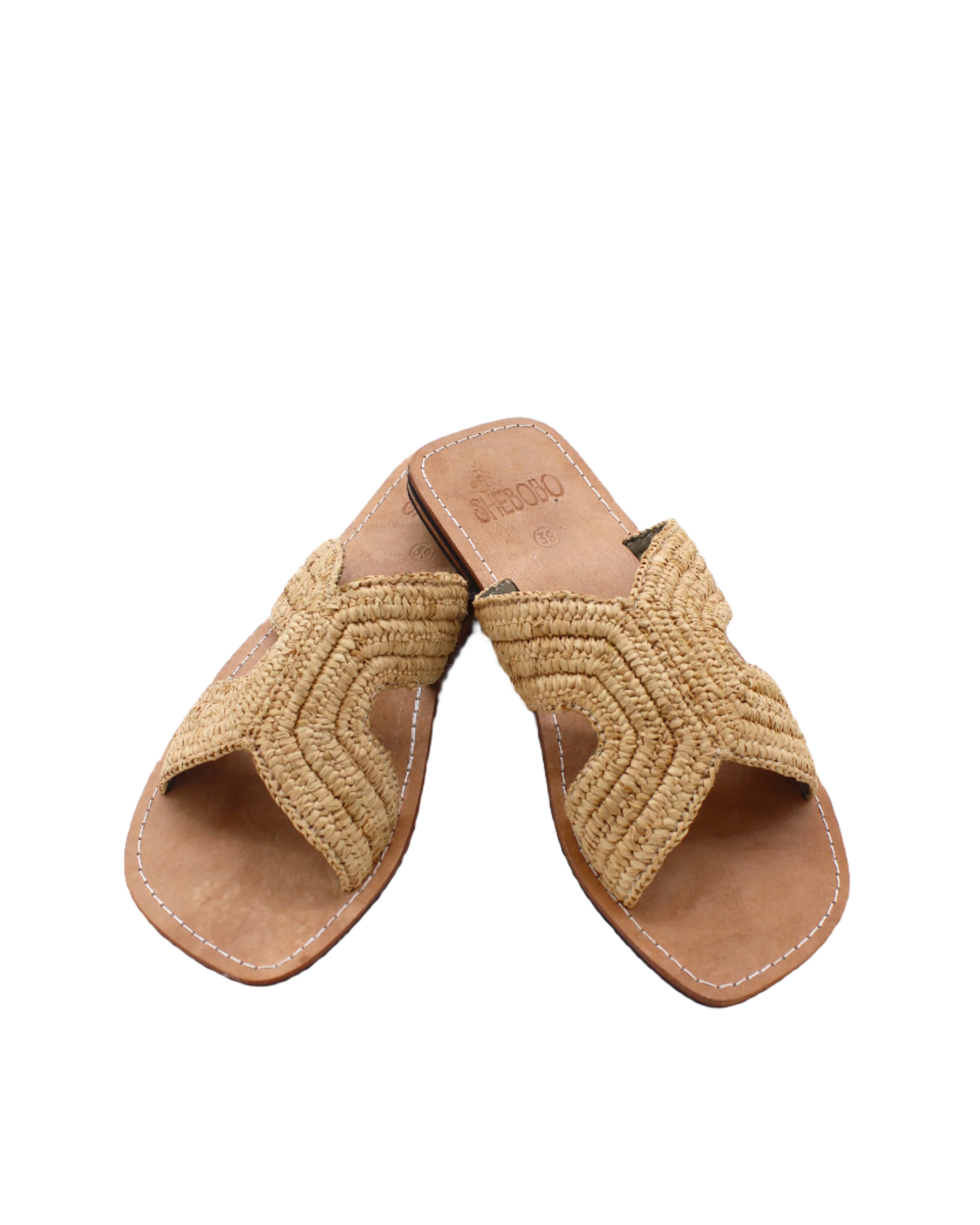 Lizzie Crochet Straw & Leather Sandal handmade crochet natural raffia palm fiber in a solid hue of Cappuccino tea/l in a h-shape double band across the top of the shoe and leather soles summer slide shoe - Shebobo