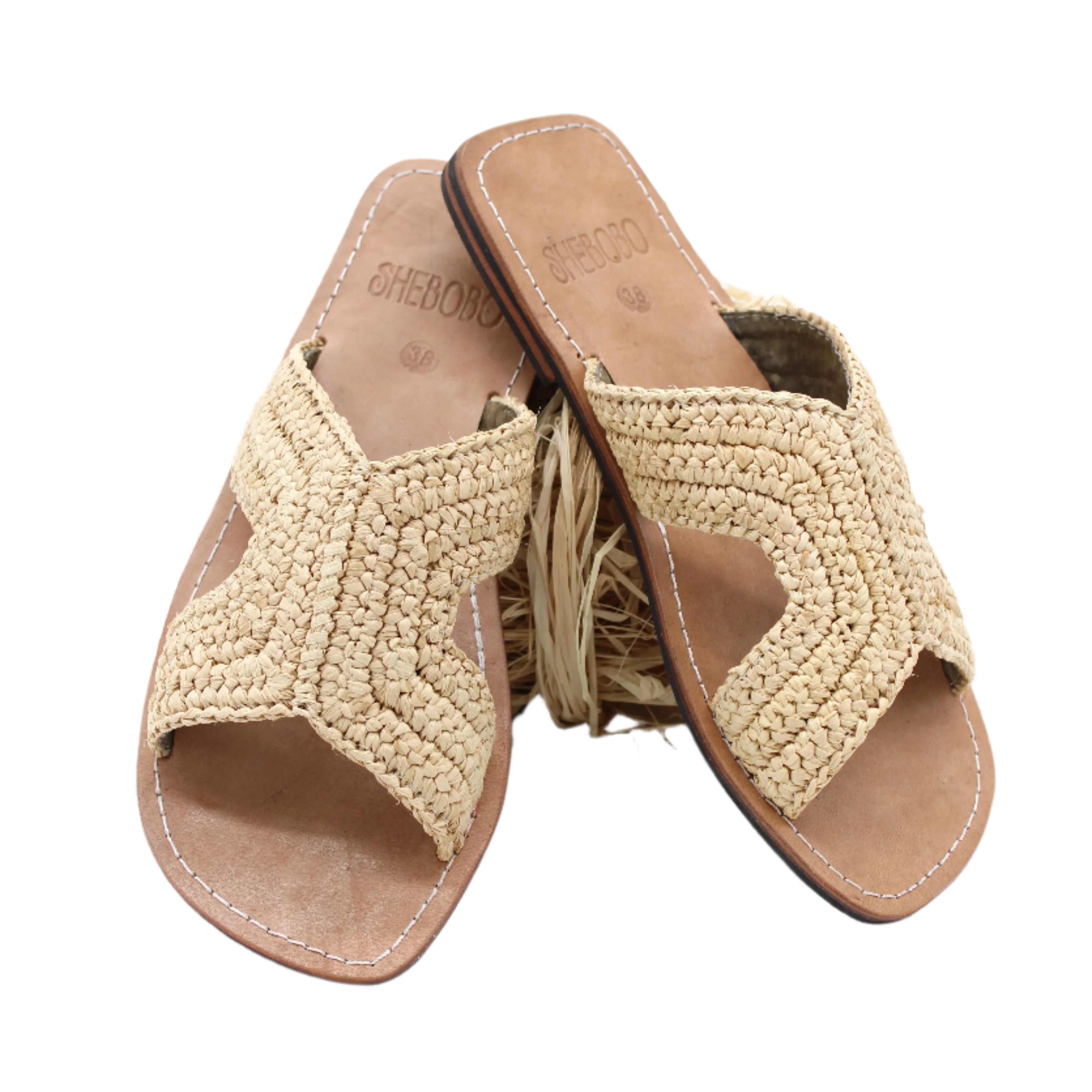 Lizzie Crochet Straw & Leather Sandal handmade crochet natural raffia palm fiber in a solid hue of natural straw color in a h-shape double band across the top of the shoe and leather soles summer slide shoe - Shebobo