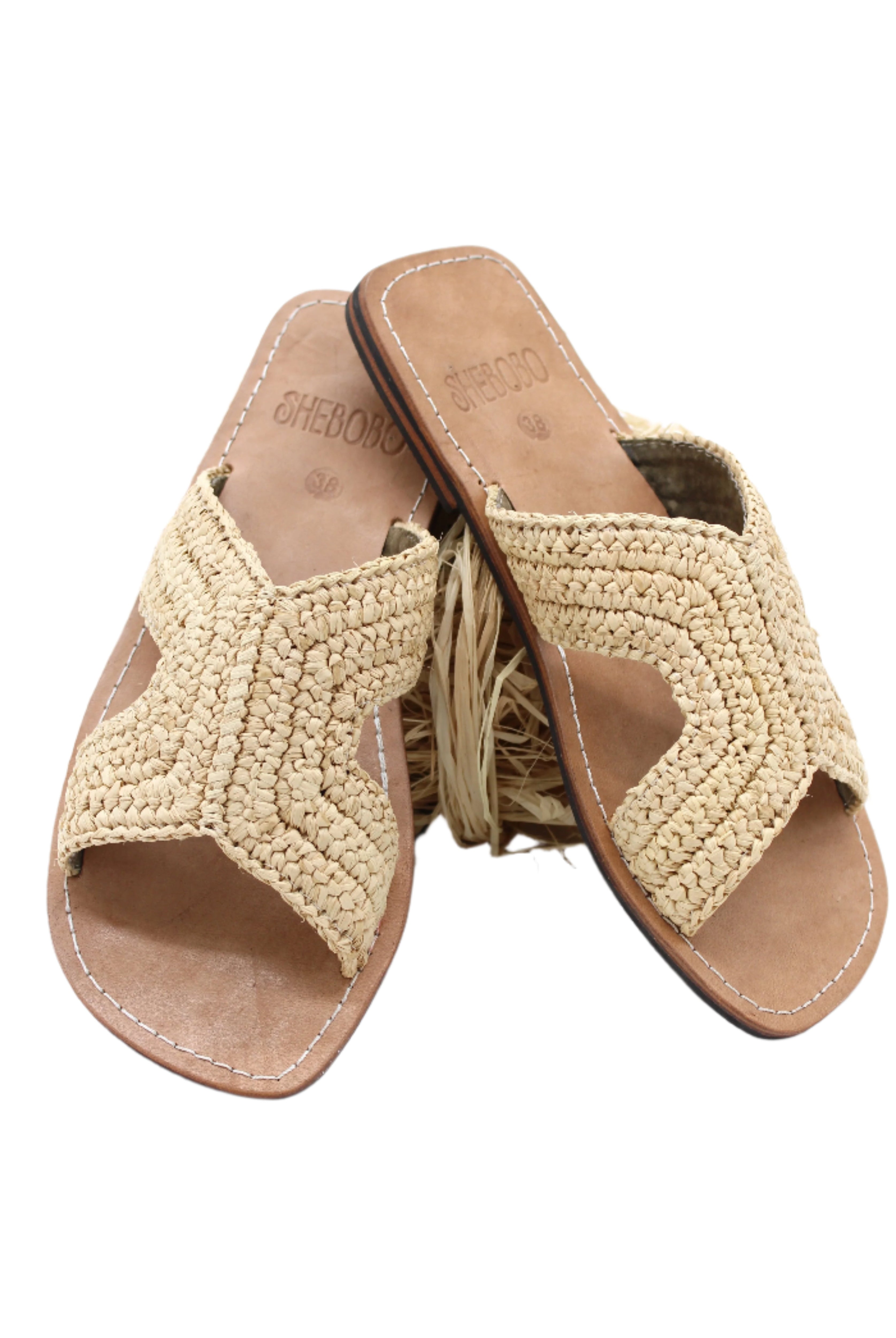 Lizzie Crochet Straw & Leather Sandal handmade crochet natural raffia palm fiber in a solid hue of natural straw color in a h-shape double band across the top of the shoe and leather soles summer slide shoe - Shebobo