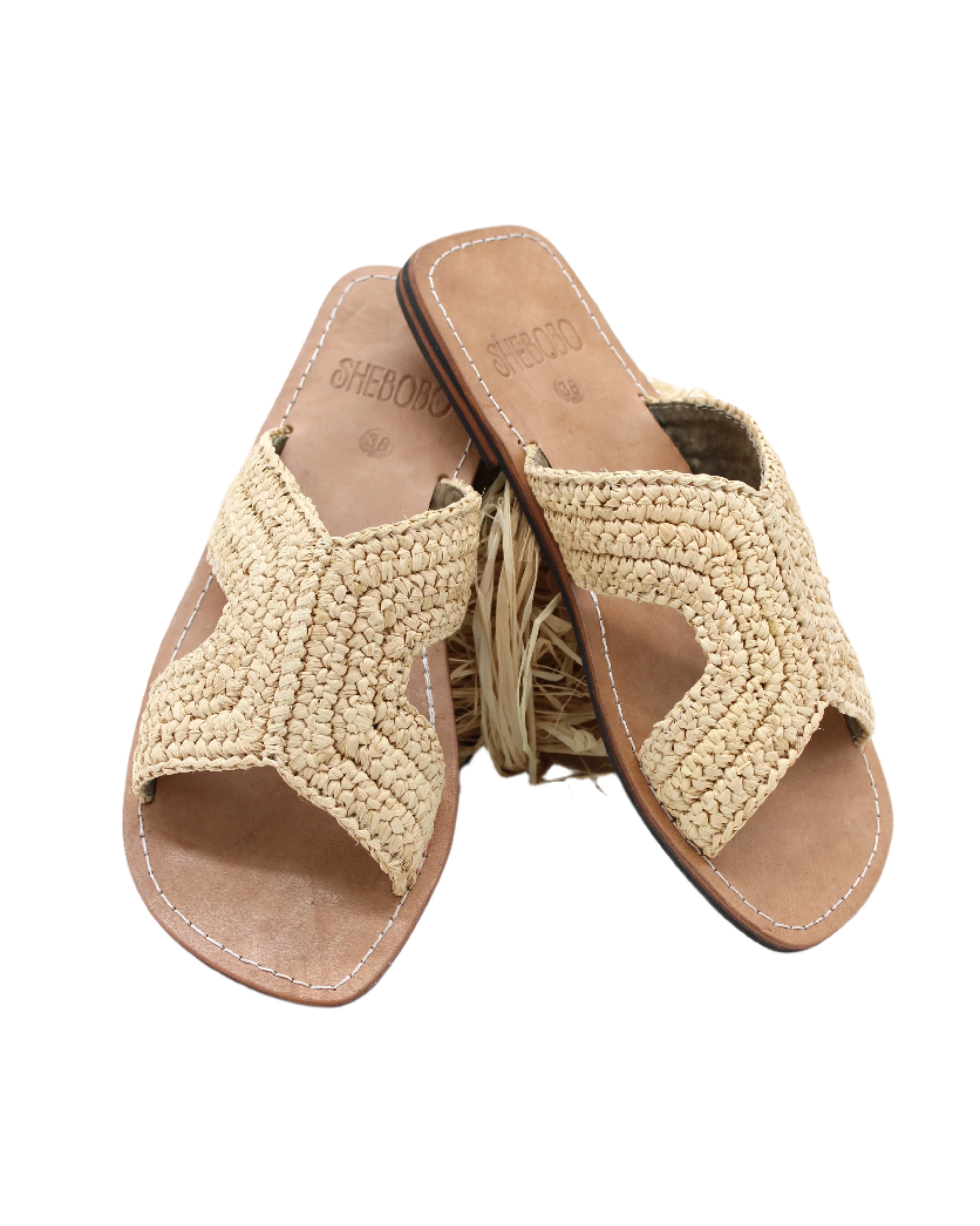 Lizzie Crochet Straw & Leather Sandal handmade crochet natural raffia palm fiber in a solid hue of natural straw color in a h-shape double band across the top of the shoe and leather soles summer slide shoe - Shebobo