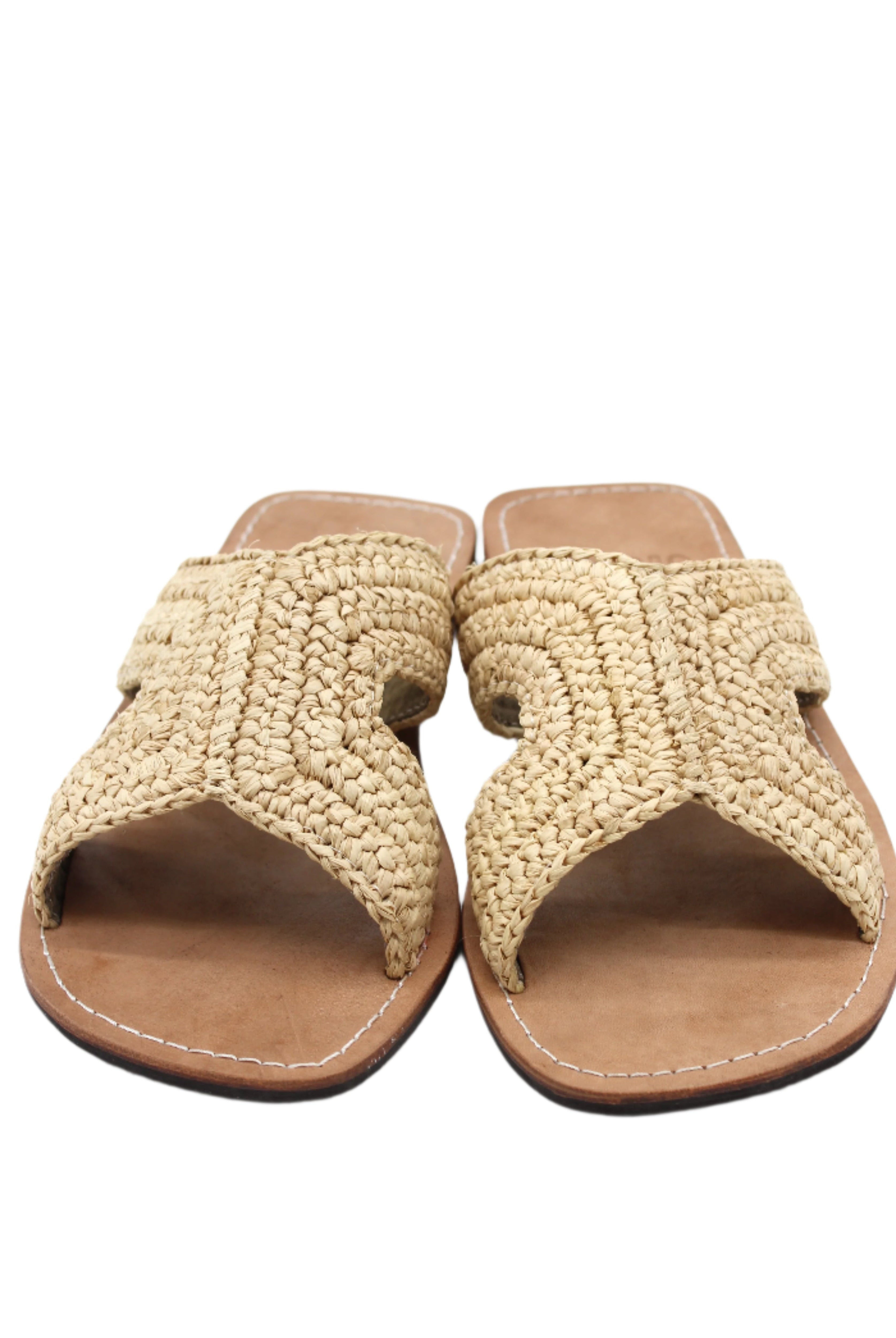 Front view Lizzie Crochet Straw & Leather Sandal handmade crochet natural raffia palm fiber in a solid hue of natural straw color in a h-shape double band across the top of the shoe and leather soles summer slide shoe - Shebobo
