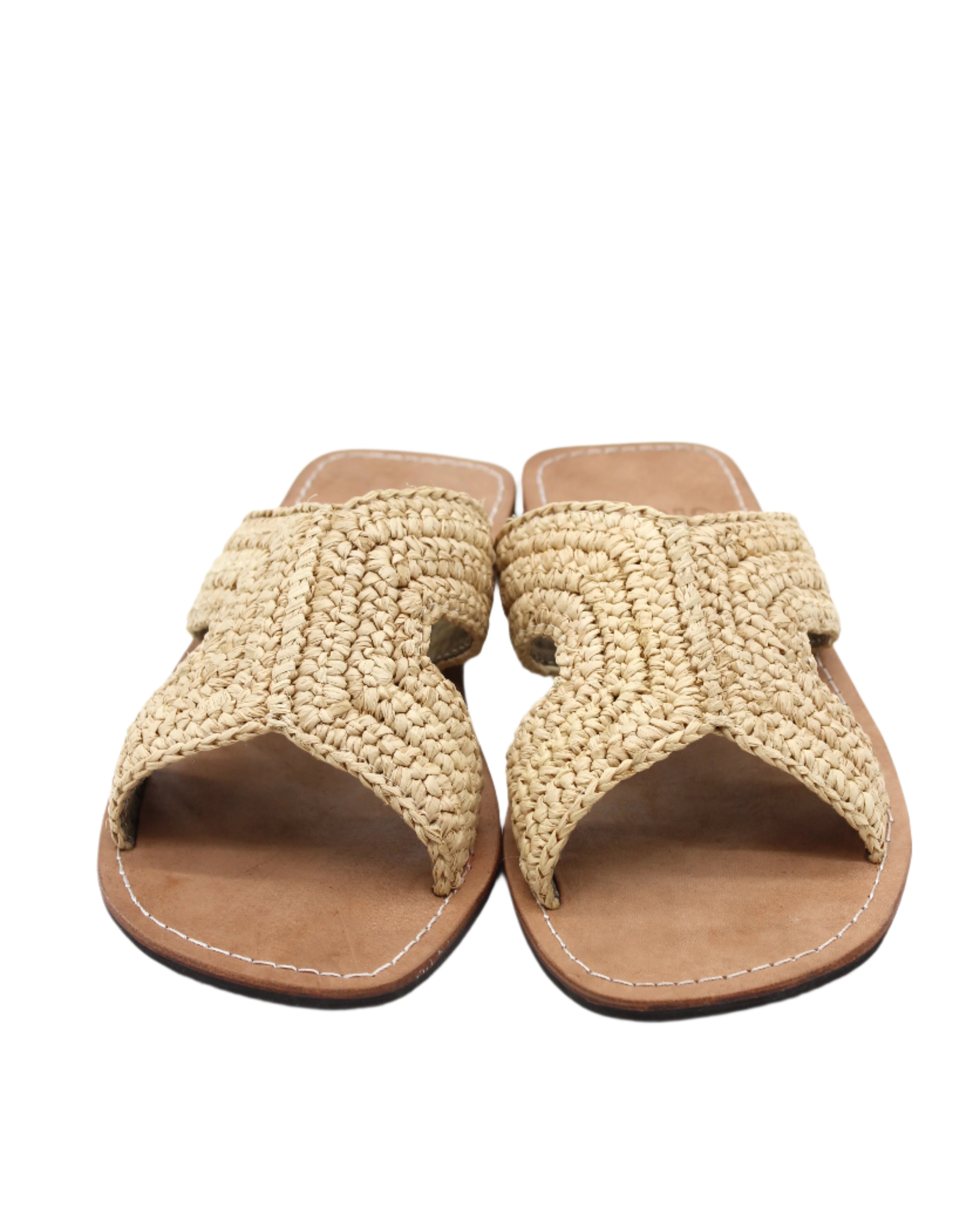 Front view Lizzie Crochet Straw & Leather Sandal handmade crochet natural raffia palm fiber in a solid hue of natural straw color in a h-shape double band across the top of the shoe and leather soles summer slide shoe - Shebobo