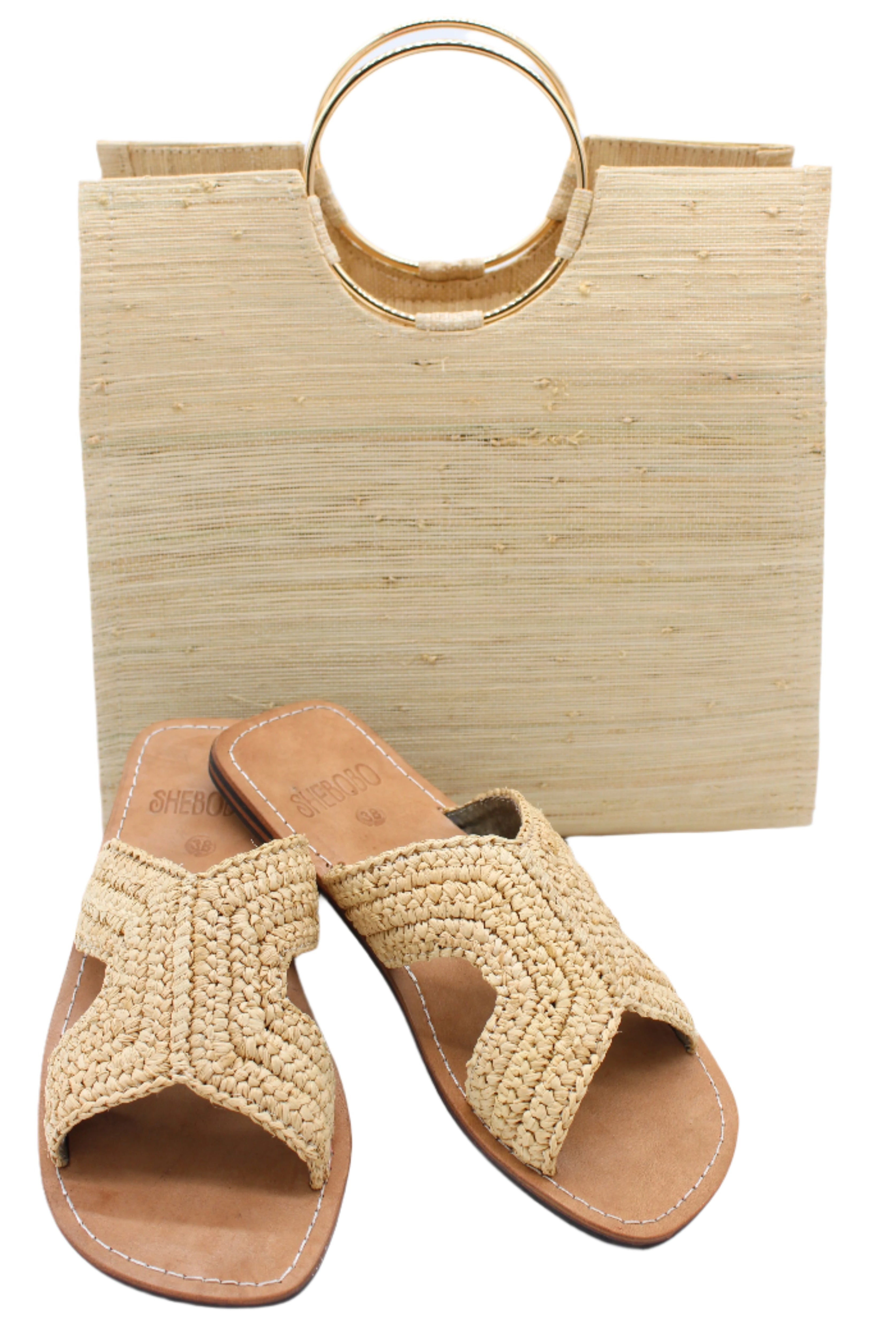 Lizzie Crochet Straw & Leather Sandal handmade crochet natural raffia palm fiber in a solid hue of natural straw color in a h-shape double band across the top of the shoe and leather soles summer slide shoe - Shebobo (with JoJo Metal Ring Handle Straw Handbag)