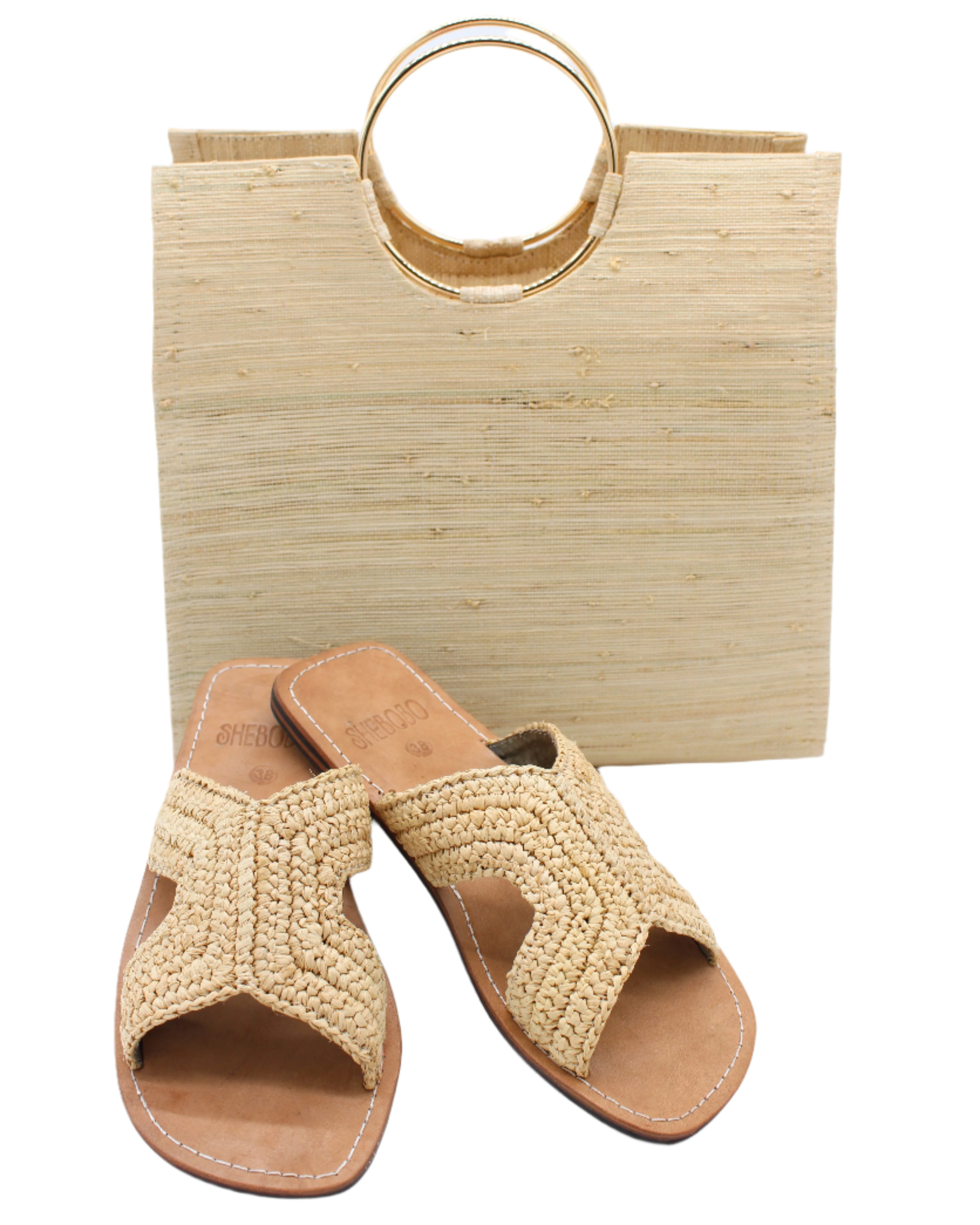 Lizzie Crochet Straw & Leather Sandal handmade crochet natural raffia palm fiber in a solid hue of natural straw color in a h-shape double band across the top of the shoe and leather soles summer slide shoe - Shebobo (with JoJo Metal Ring Handle Straw Handbag)