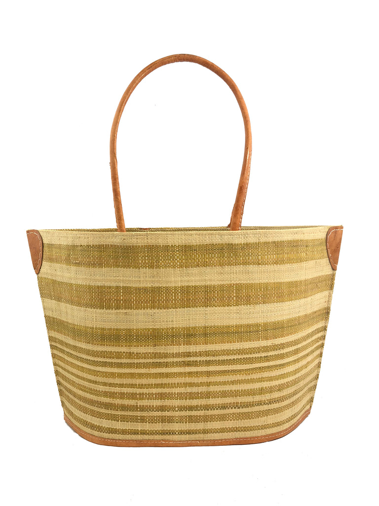 Lova Wide Stripe Straw Tote Bag handmade loomed raffia in varying widths of horizontal stripes in cinnamon/tobacco/brown, and natural straw color handbag beach bag with leather handles - Shebobo