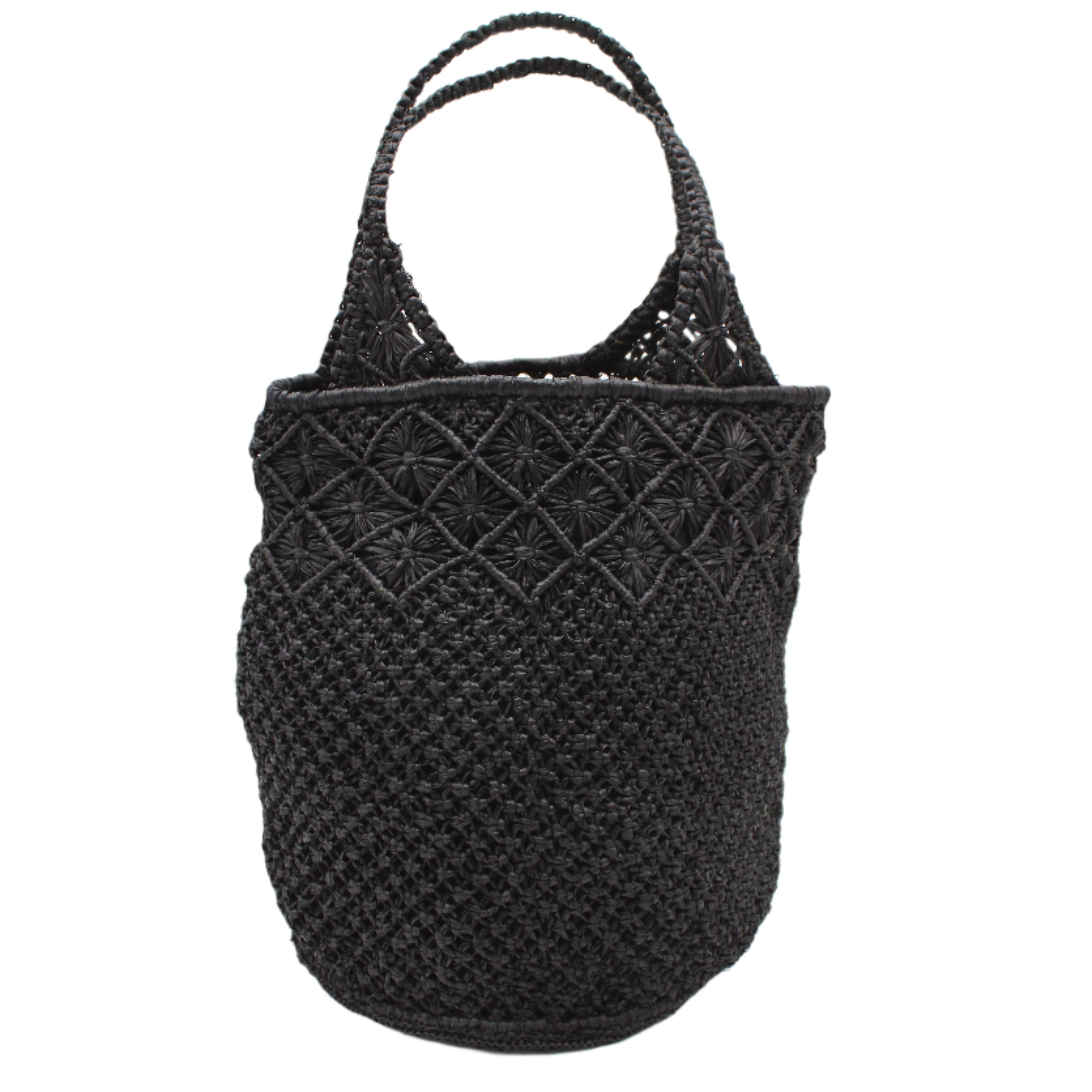 Luca Macrame Diamonds Crochet Straw Handbag handmade knotted natural raffia palm fiber in a solid hue of Black in a multi-texture circular pattern of concentric spiral links on the base, cross-hatch x pattern up 2/3rds of the bag, and geometric diamond flower pattern around the top third, with diamond pattern on the base of the shoulder strap handles with tubular loop handle tops - Shebobo