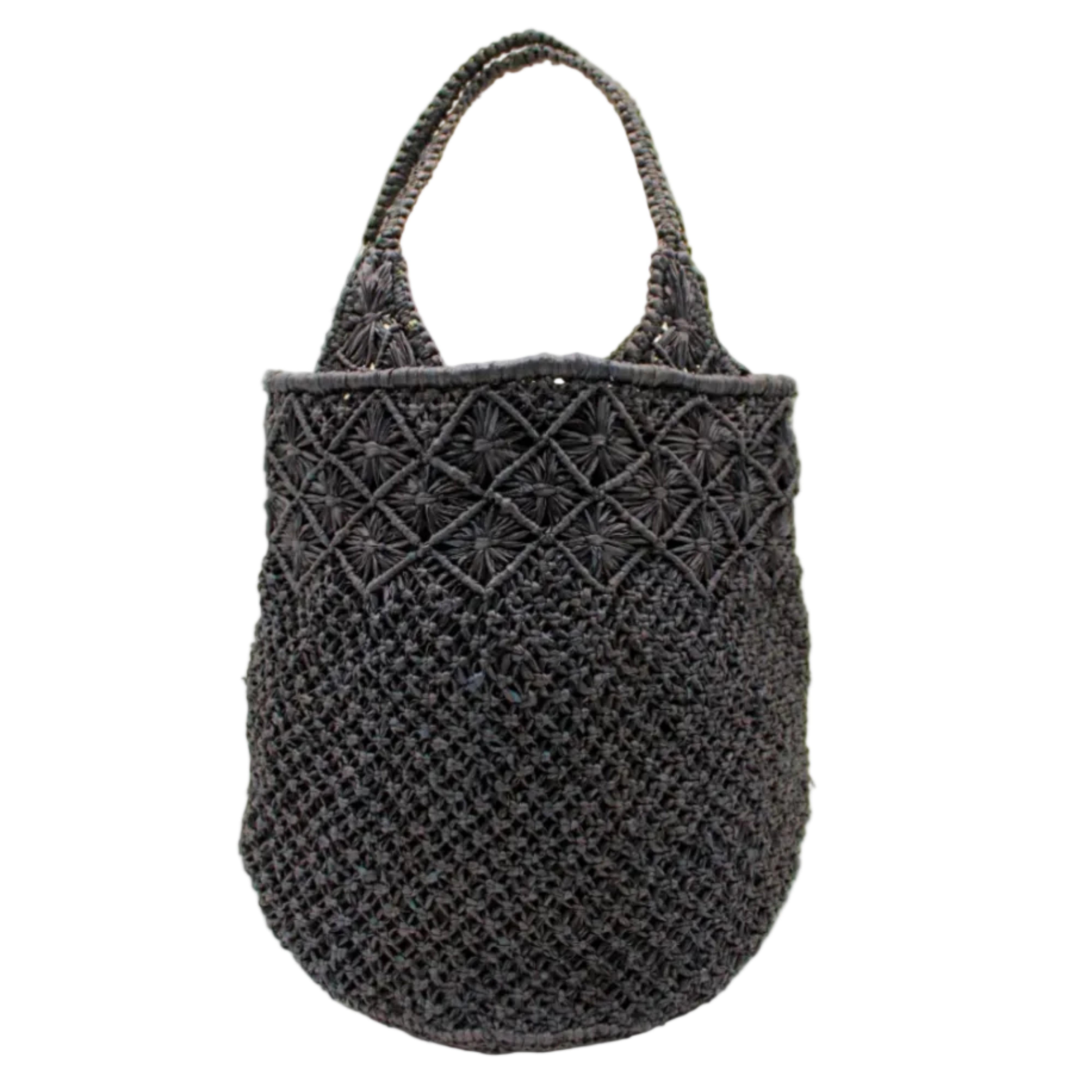 Luca Macrame Diamonds Crochet Straw Handbag handmade knotted natural raffia palm fiber in a solid hue of Black in a multi-texture circular pattern of concentric spiral links on the base, cross-hatch x pattern up 2/3rds of the bag, and geometric diamond flower pattern around the top third, with diamond pattern on the base of the shoulder strap handles with tubular loop handle tops - Shebobo