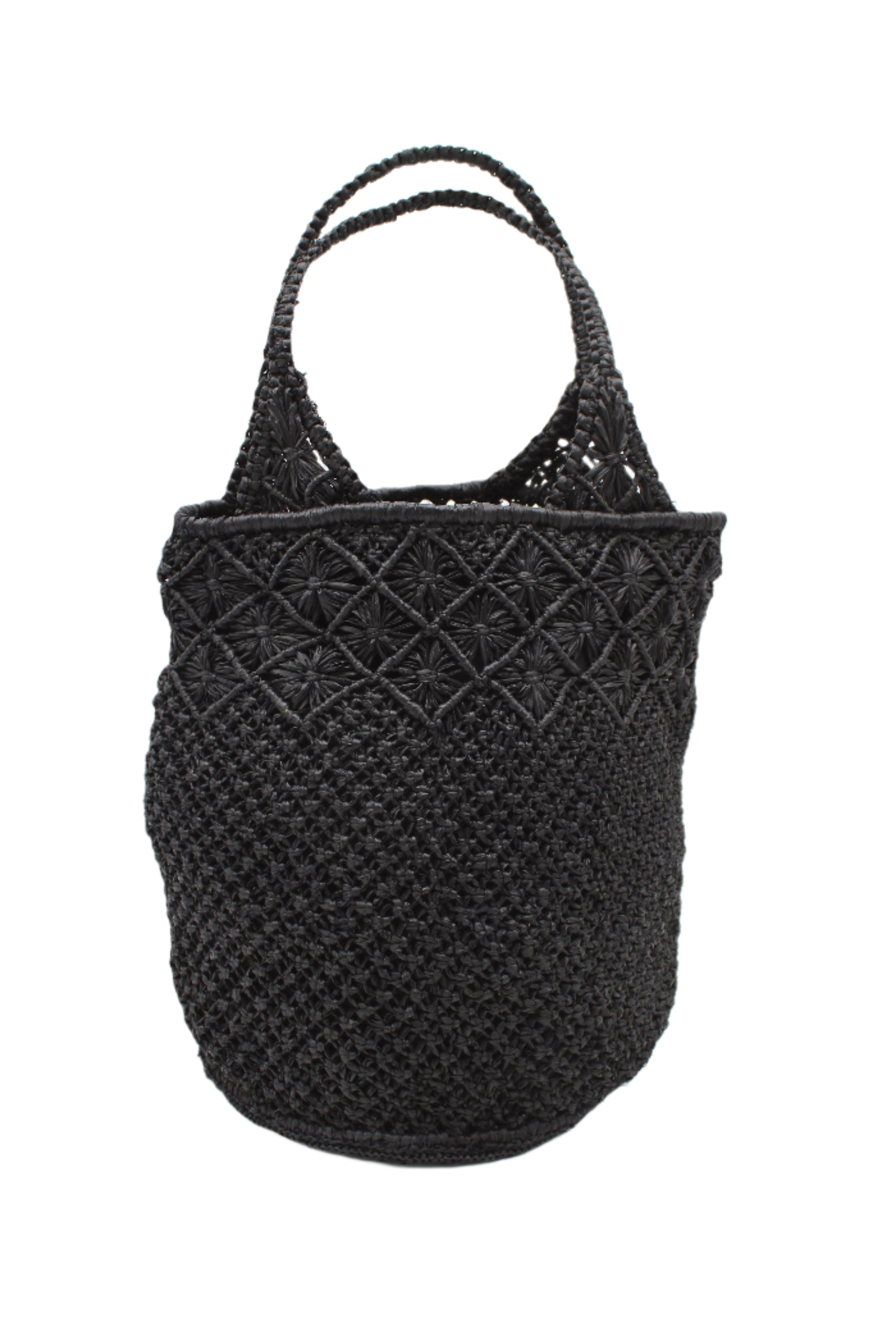 Luca Macrame Diamonds Crochet Straw Handbag handmade knotted natural raffia palm fiber in a solid hue of Black in a multi-texture circular pattern of concentric spiral links on the base, cross-hatch x pattern up 2/3rds of the bag, and geometric diamond flower pattern around the top third, with diamond pattern on the base of the shoulder strap handles with tubular loop handle tops - Shebobo