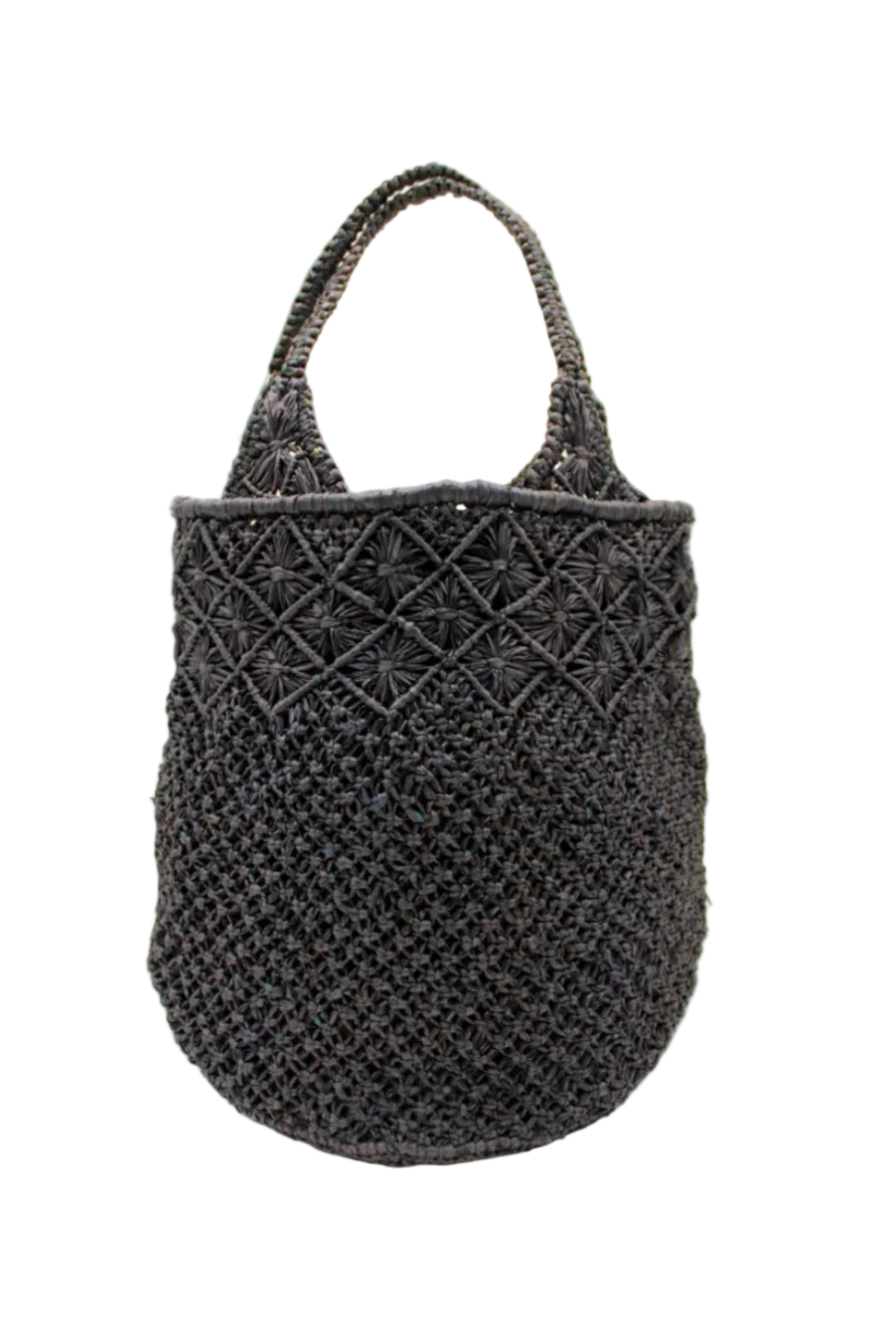 Luca Macrame Diamonds Crochet Straw Handbag handmade knotted natural raffia palm fiber in a solid hue of Black in a multi-texture circular pattern of concentric spiral links on the base, cross-hatch x pattern up 2/3rds of the bag, and geometric diamond flower pattern around the top third, with diamond pattern on the base of the shoulder strap handles with tubular loop handle tops - Shebobo