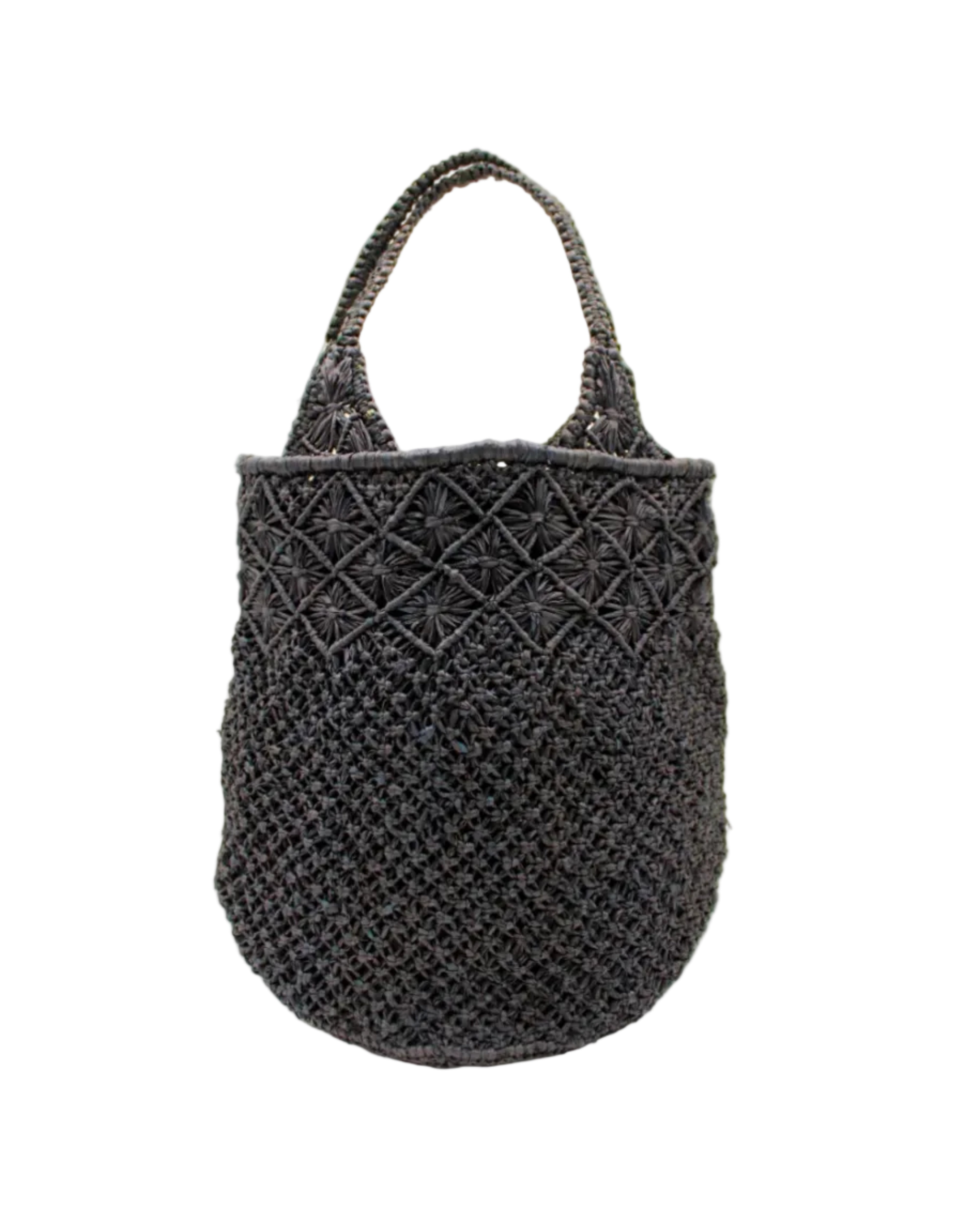 Luca Macrame Diamonds Crochet Straw Handbag handmade knotted natural raffia palm fiber in a solid hue of Black in a multi-texture circular pattern of concentric spiral links on the base, cross-hatch x pattern up 2/3rds of the bag, and geometric diamond flower pattern around the top third, with diamond pattern on the base of the shoulder strap handles with tubular loop handle tops - Shebobo