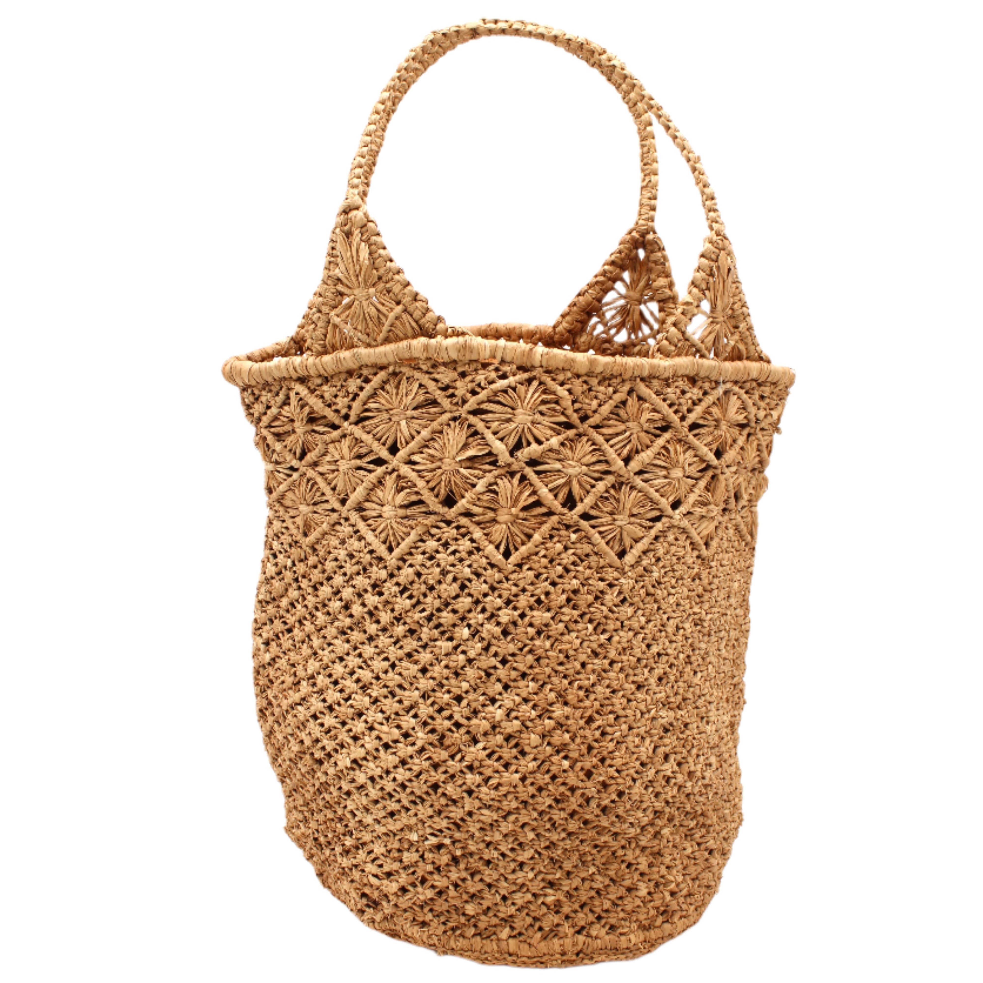 Luca Macrame Diamonds Crochet Straw Handbag handmade knotted natural raffia palm fiber in a solid hue of Cappuccino tea/light/brown in a multi-texture circular pattern of concentric spiral links on the base, cross-hatch x pattern up 2/3rds of the bag, and geometric diamond flower pattern around the top third, with diamond pattern on the base of the shoulder strap handles with tubular loop handle tops - Shebobo