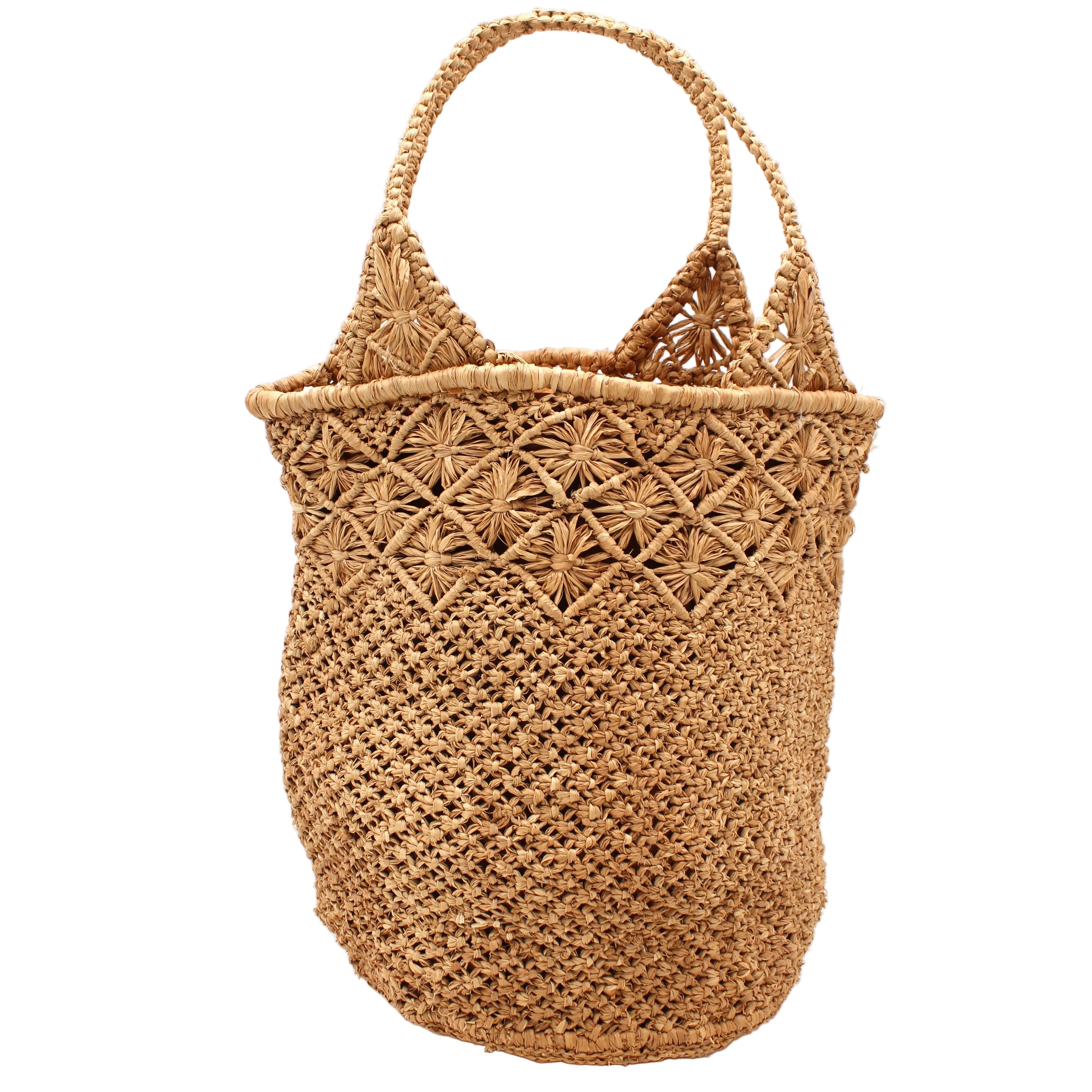 Luca Macrame Diamonds Crochet Straw Handbag handmade knotted natural raffia palm fiber in a solid hue of Cappuccino tea/light/brown in a multi-texture circular pattern of concentric spiral links on the base, cross-hatch x pattern up 2/3rds of the bag, and geometric diamond flower pattern around the top third, with diamond pattern on the base of the shoulder strap handles with tubular loop handle tops - Shebobo