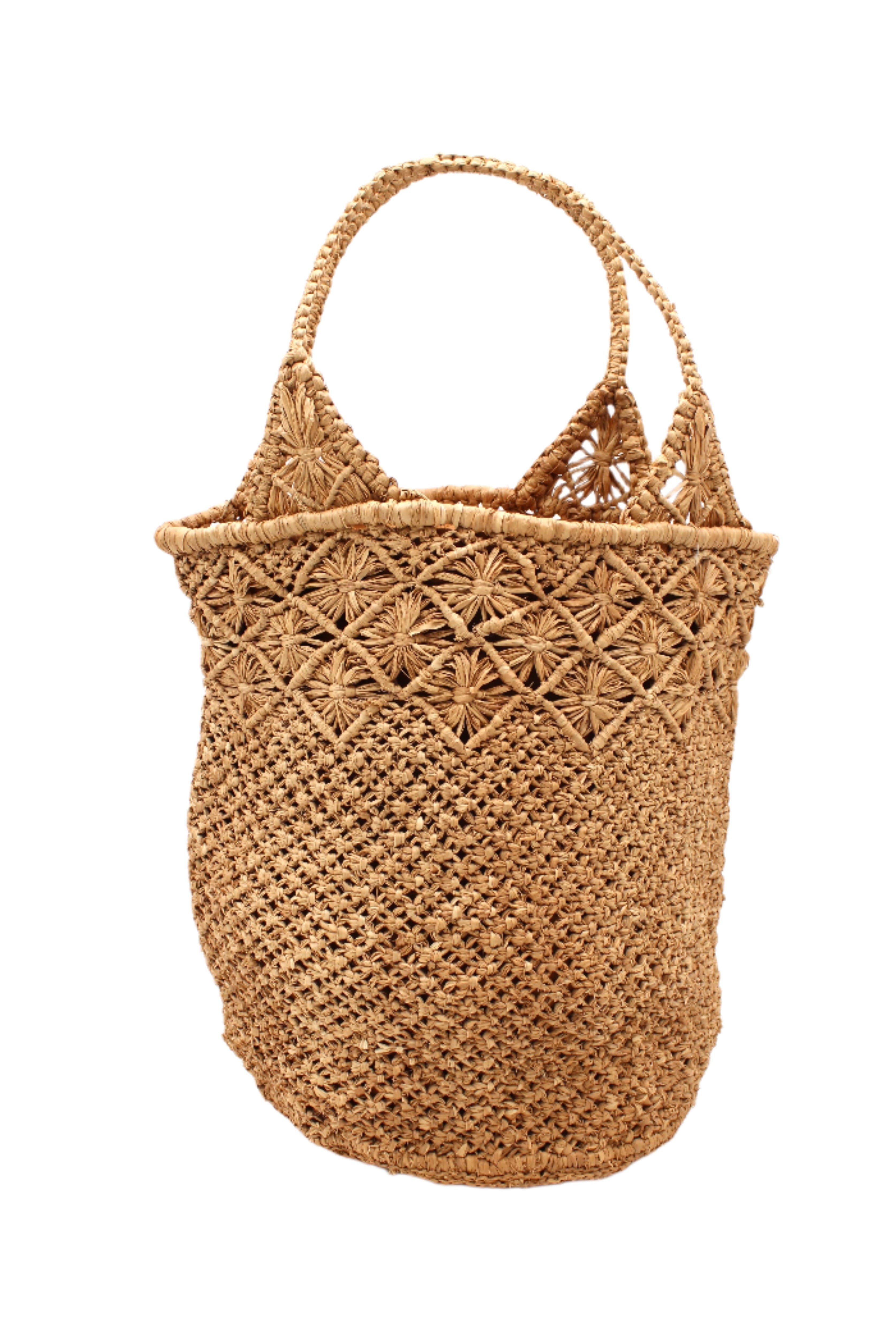 Luca Macrame Diamonds Crochet Straw Handbag handmade knotted natural raffia palm fiber in a solid hue of Cappuccino tea/light/brown in a multi-texture circular pattern of concentric spiral links on the base, cross-hatch x pattern up 2/3rds of the bag, and geometric diamond flower pattern around the top third, with diamond pattern on the base of the shoulder strap handles with tubular loop handle tops - Shebobo