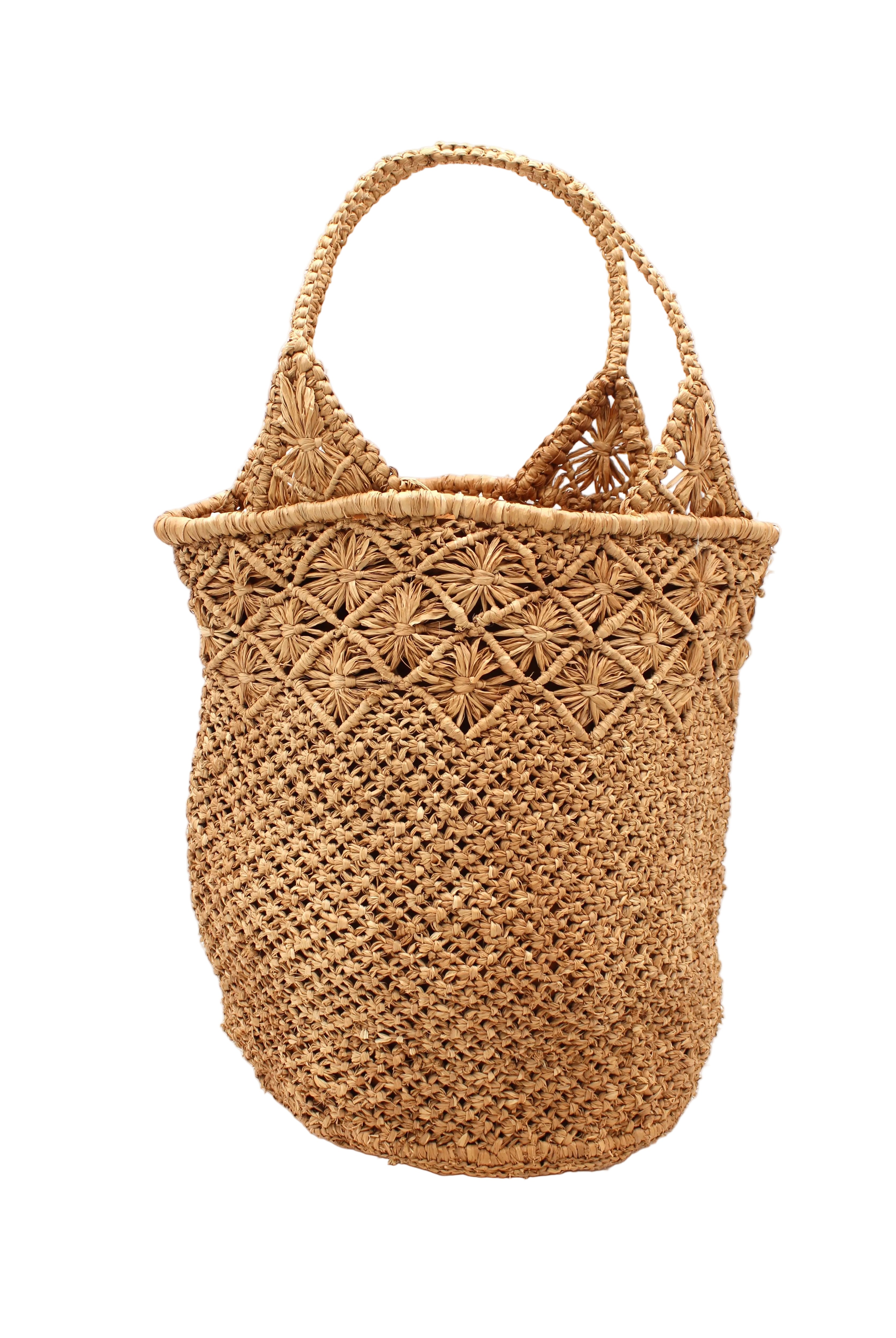 Luca Macrame Diamonds Crochet Straw Handbag handmade knotted natural raffia palm fiber in a solid hue of Cappuccino tea/light/brown in a multi-texture circular pattern of concentric spiral links on the base, cross-hatch x pattern up 2/3rds of the bag, and geometric diamond flower pattern around the top third, with diamond pattern on the base of the shoulder strap handles with tubular loop handle tops - Shebobo