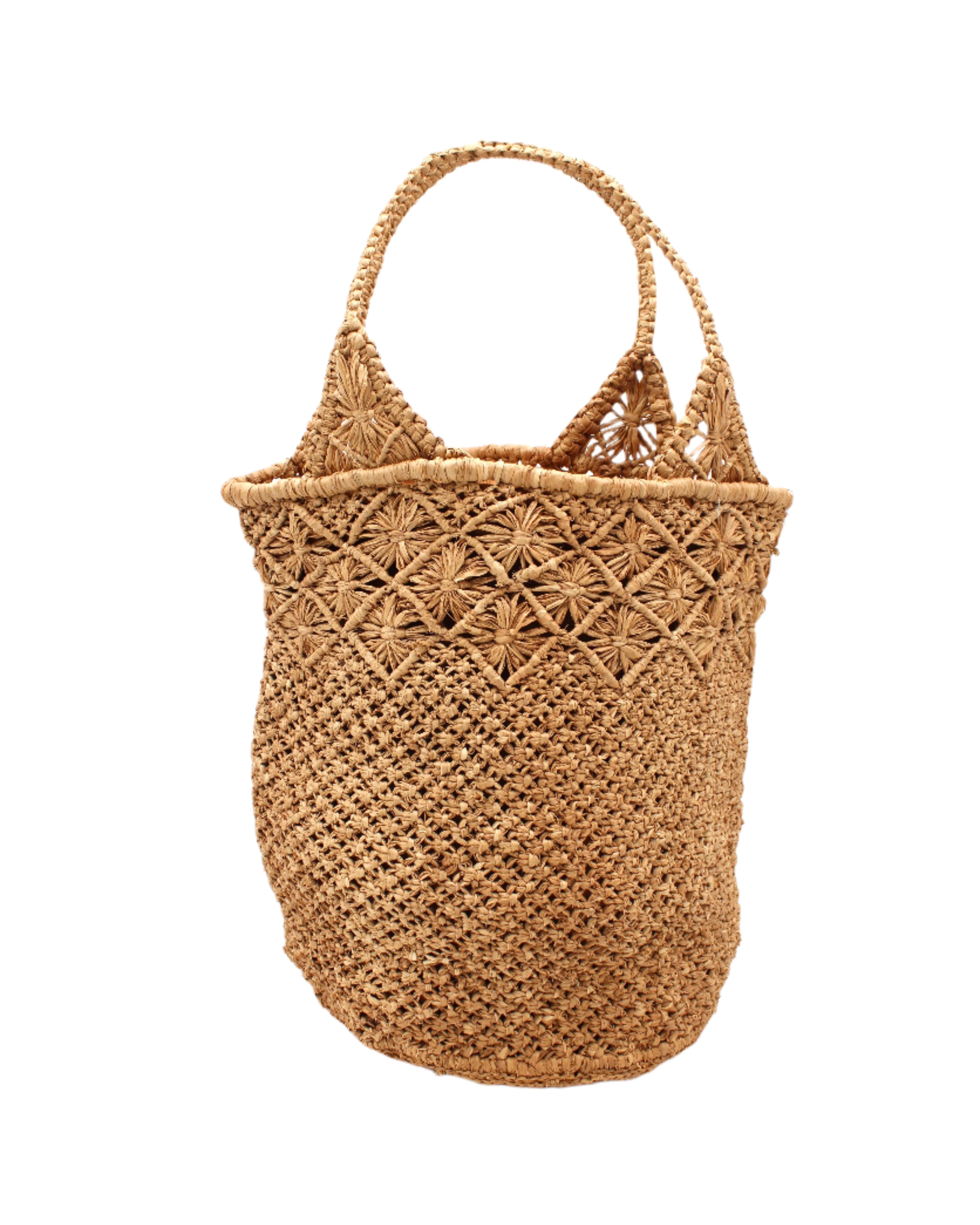 Luca Macrame Diamonds Crochet Straw Handbag handmade knotted natural raffia palm fiber in a solid hue of Cappuccino tea/light/brown in a multi-texture circular pattern of concentric spiral links on the base, cross-hatch x pattern up 2/3rds of the bag, and geometric diamond flower pattern around the top third, with diamond pattern on the base of the shoulder strap handles with tubular loop handle tops - Shebobo