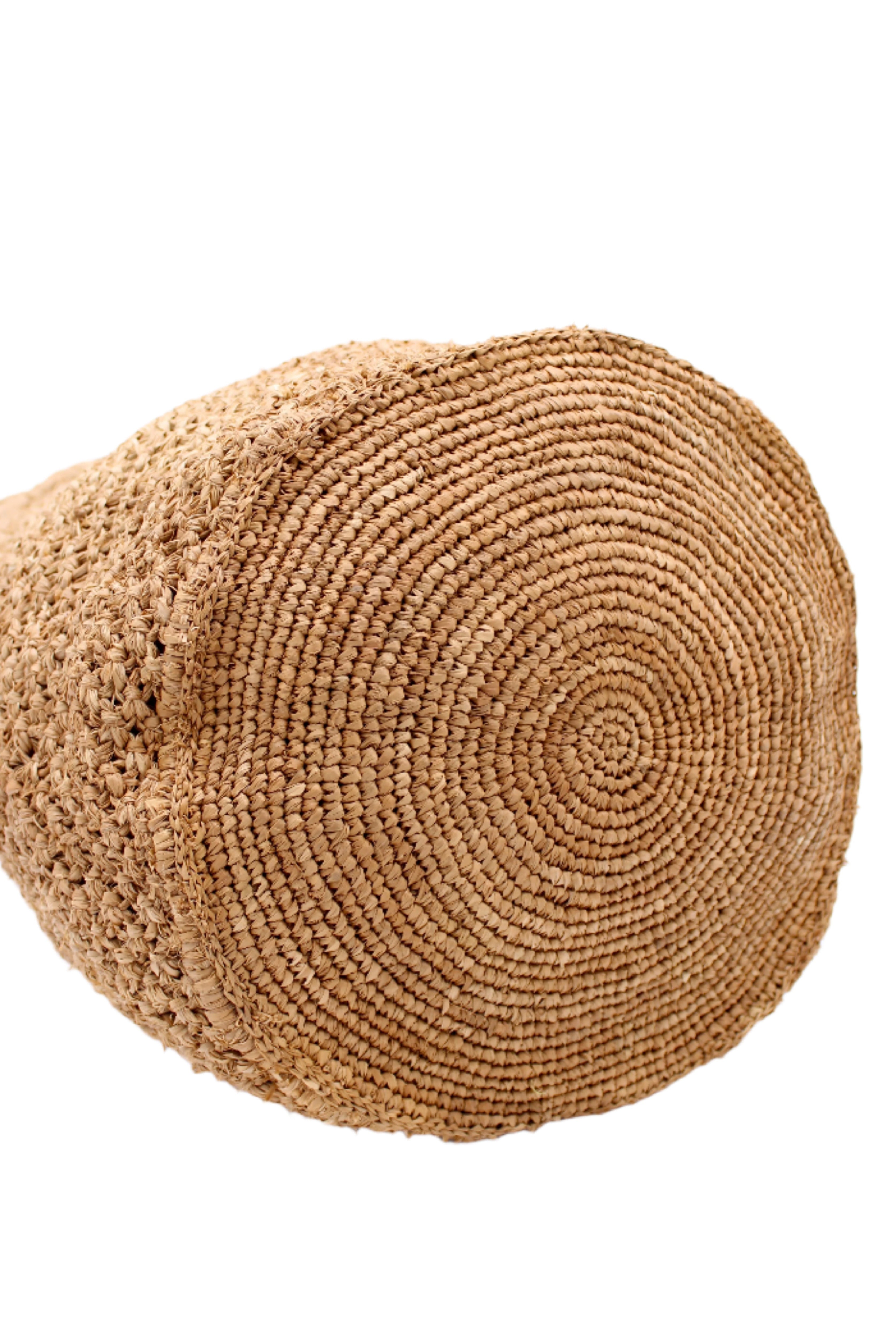 Detail view Luca Macrame Diamonds Crochet Straw Handbag handmade knotted natural raffia palm fiber in a solid hue of Cappuccino tea/light/brown in a multi-texture circular pattern of concentric spiral links on the base, cross-hatch x pattern up 2/3rds of the bag, and geometric diamond flower pattern around the top third, with diamond pattern on the base of the shoulder strap handles with tubular loop handle tops - Shebobo