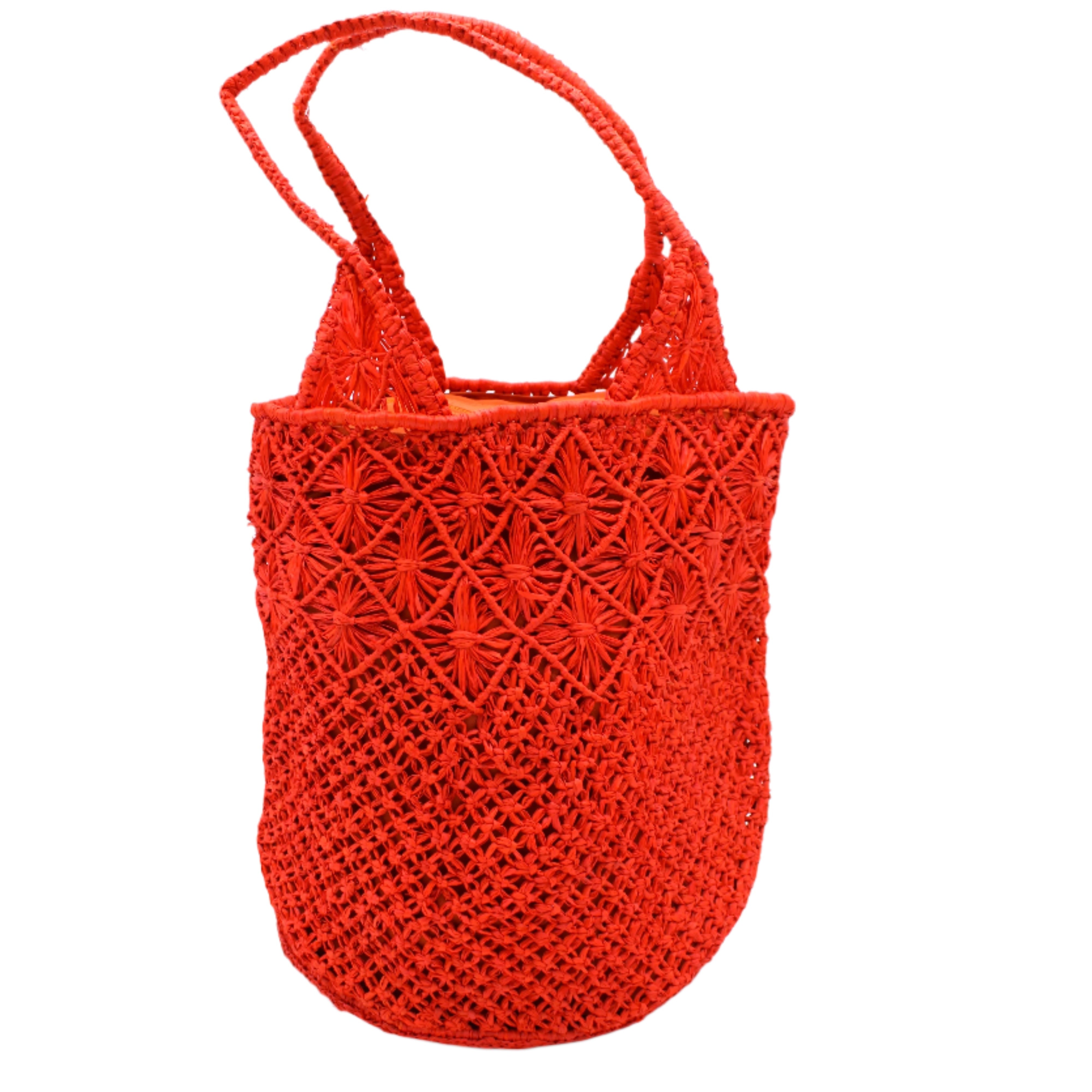 Luca Macrame Diamonds Crochet Straw Handbag handmade knotted natural raffia palm fiber in a solid hue of Coral red/orange in a multi-texture circular pattern of concentric spiral links on the base, cross-hatch x pattern up 2/3rds of the bag, and geometric diamond flower pattern around the top third, with diamond pattern on the base of the shoulder strap handles with tubular loop handle tops - Shebobo