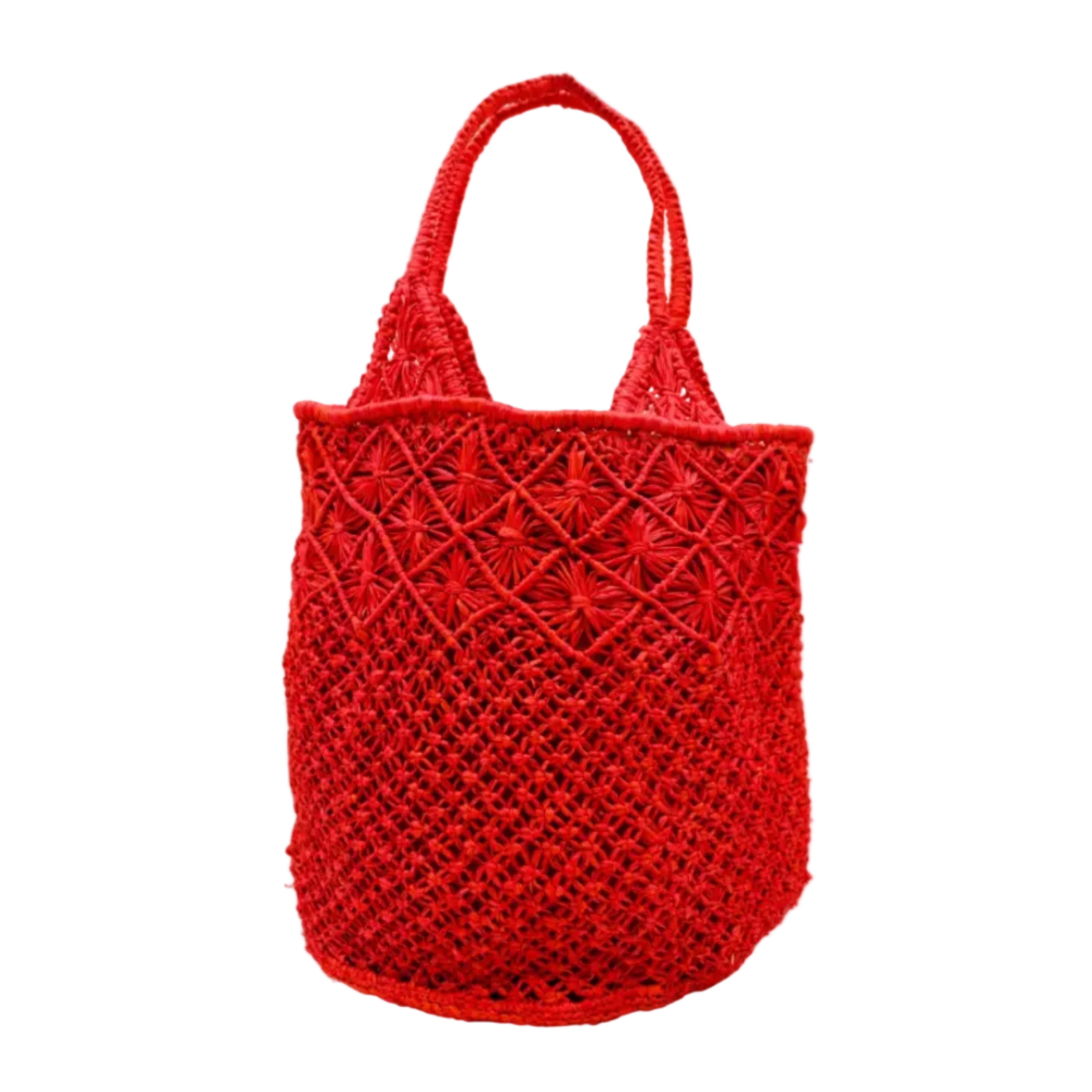 Luca Macrame Diamonds Crochet Straw Handbag handmade knotted natural raffia palm fiber in a solid hue of Coral red/orange in a multi-texture circular pattern of concentric spiral links on the base, cross-hatch x pattern up 2/3rds of the bag, and geometric diamond flower pattern around the top third, with diamond pattern on the base of the shoulder strap handles with tubular loop handle tops - Shebobo