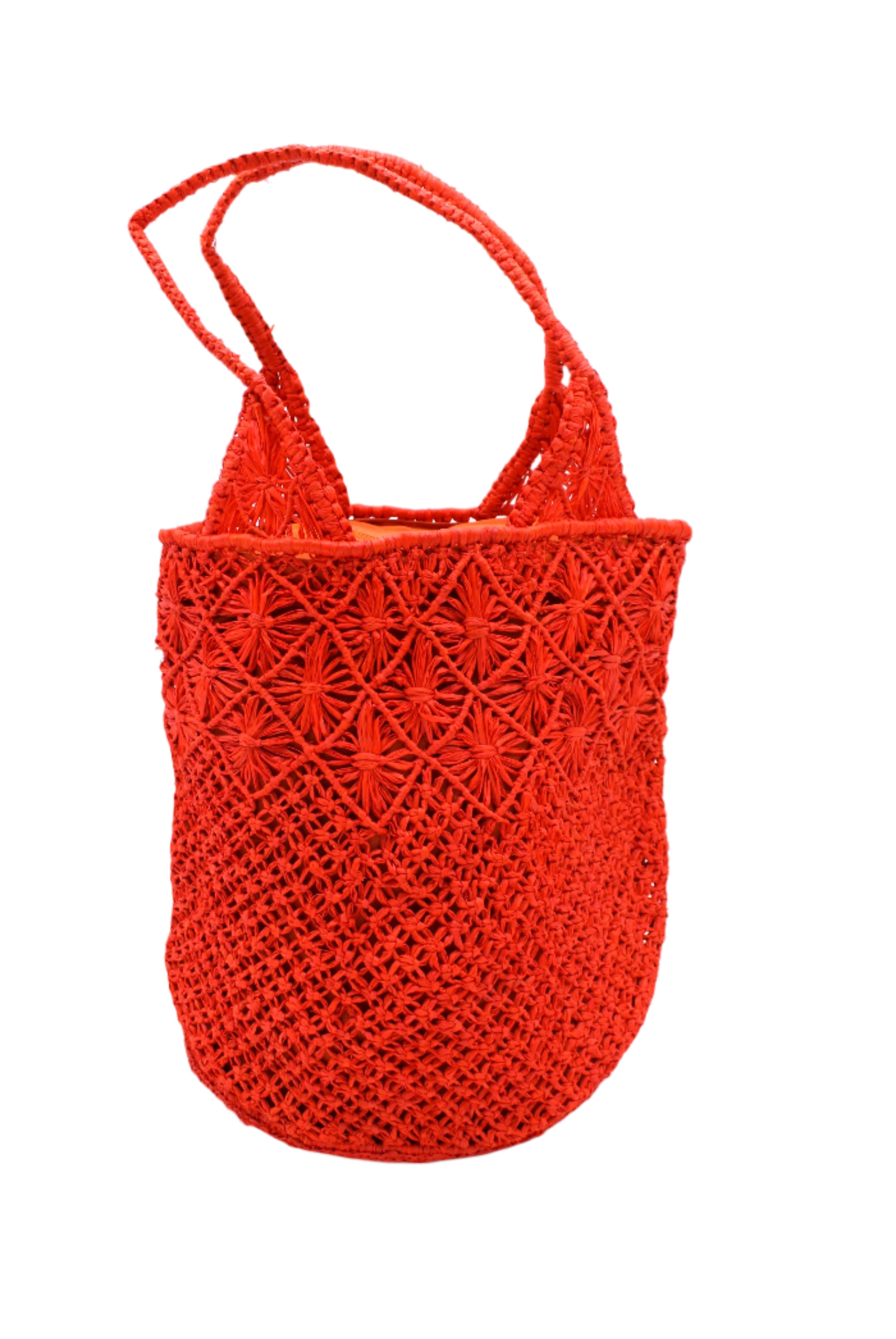 Luca Macrame Diamonds Crochet Straw Handbag handmade knotted natural raffia palm fiber in a solid hue of Coral red/orange in a multi-texture circular pattern of concentric spiral links on the base, cross-hatch x pattern up 2/3rds of the bag, and geometric diamond flower pattern around the top third, with diamond pattern on the base of the shoulder strap handles with tubular loop handle tops - Shebobo