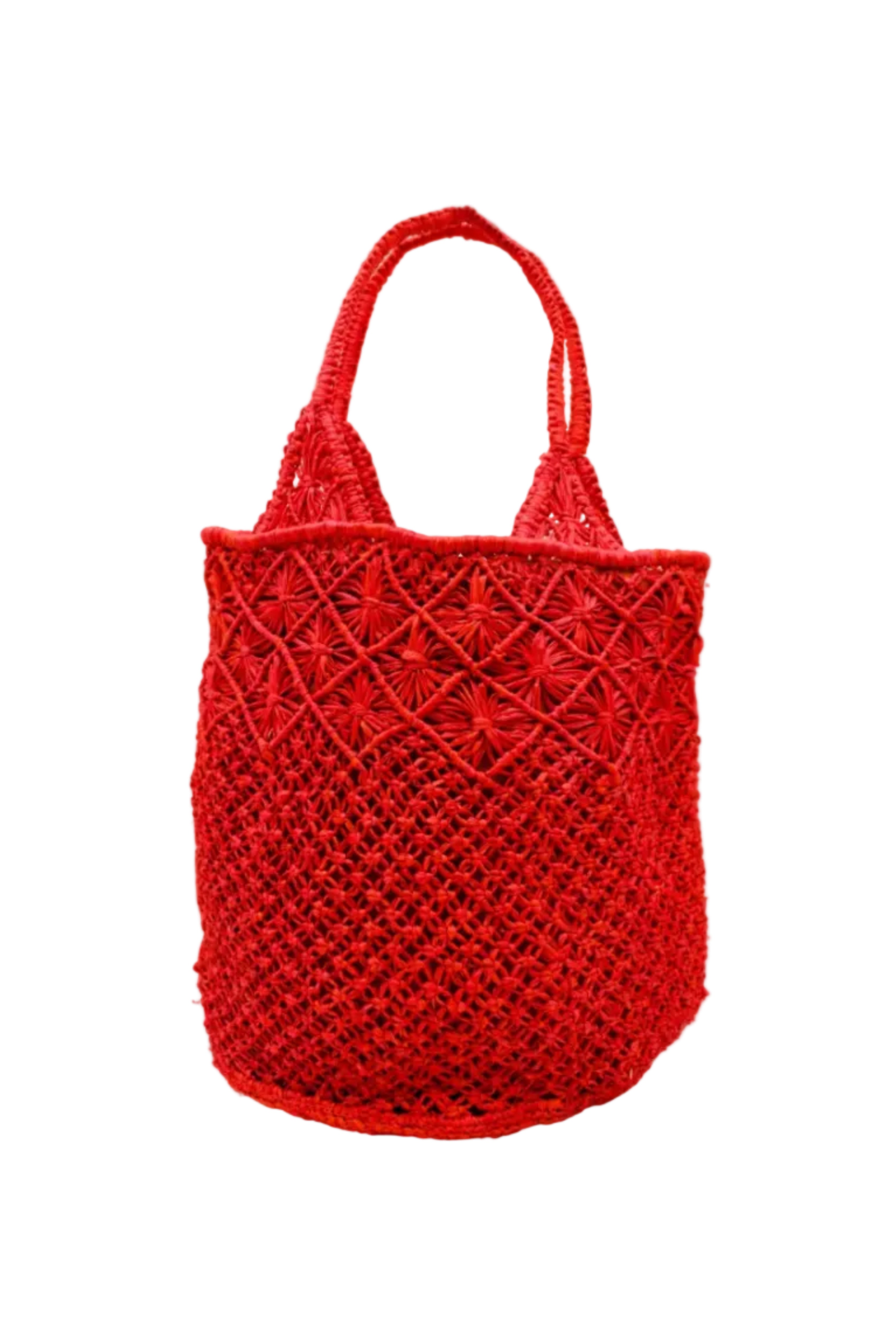 Luca Macrame Diamonds Crochet Straw Handbag handmade knotted natural raffia palm fiber in a solid hue of Coral red/orange in a multi-texture circular pattern of concentric spiral links on the base, cross-hatch x pattern up 2/3rds of the bag, and geometric diamond flower pattern around the top third, with diamond pattern on the base of the shoulder strap handles with tubular loop handle tops - Shebobo