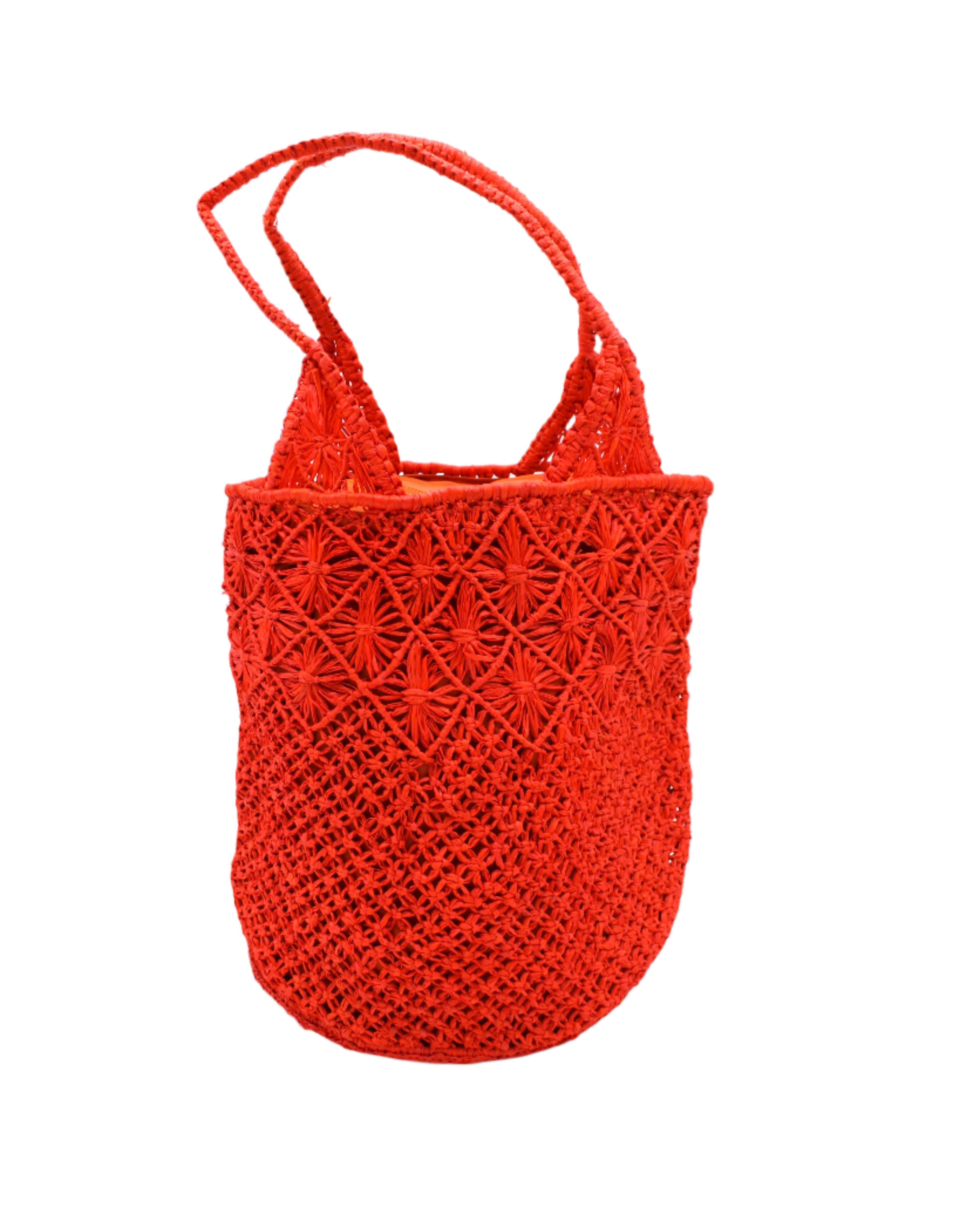 Luca Macrame Diamonds Crochet Straw Handbag handmade knotted natural raffia palm fiber in a solid hue of Coral red/orange in a multi-texture circular pattern of concentric spiral links on the base, cross-hatch x pattern up 2/3rds of the bag, and geometric diamond flower pattern around the top third, with diamond pattern on the base of the shoulder strap handles with tubular loop handle tops - Shebobo