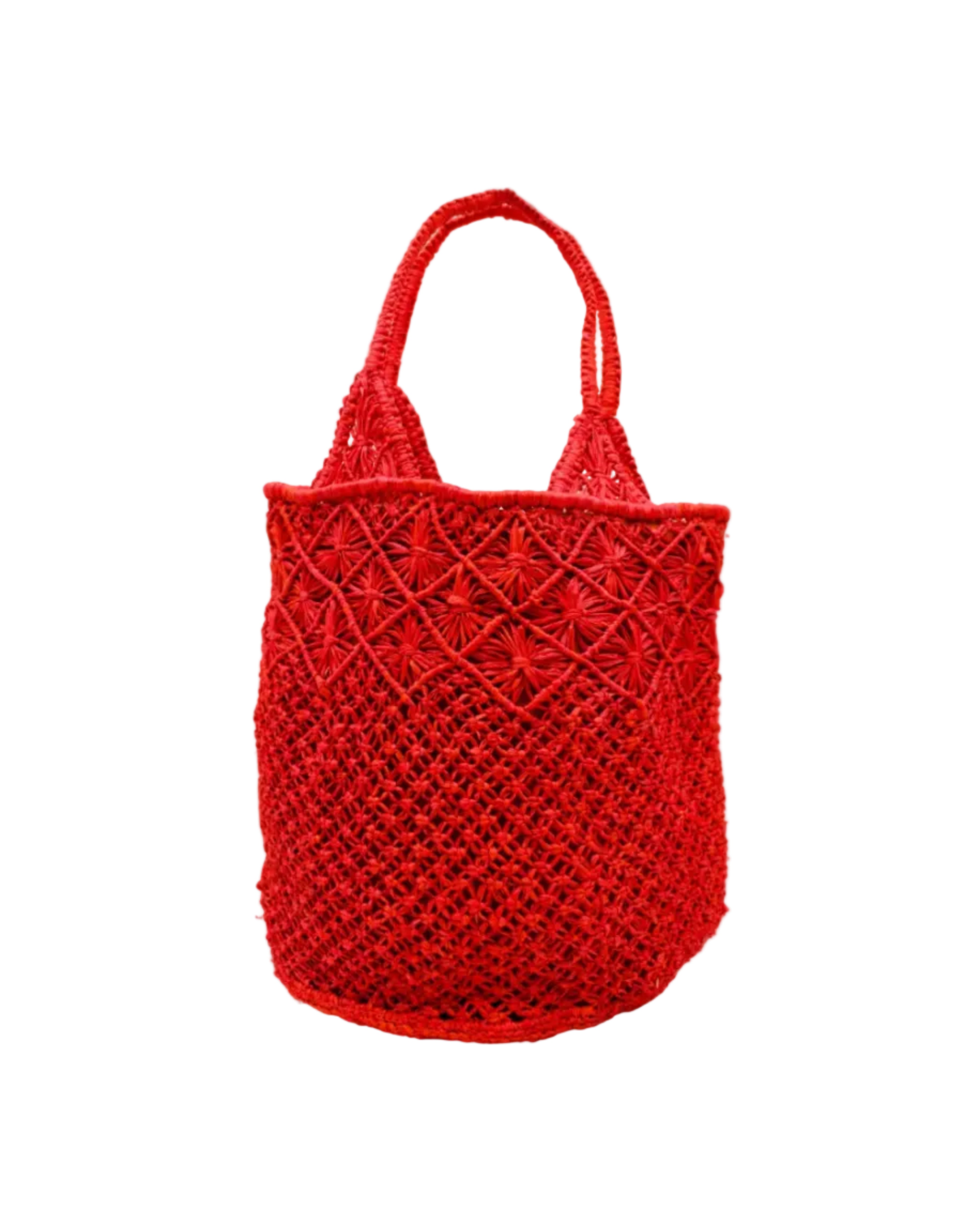 Luca Macrame Diamonds Crochet Straw Handbag handmade knotted natural raffia palm fiber in a solid hue of Coral red/orange in a multi-texture circular pattern of concentric spiral links on the base, cross-hatch x pattern up 2/3rds of the bag, and geometric diamond flower pattern around the top third, with diamond pattern on the base of the shoulder strap handles with tubular loop handle tops - Shebobo