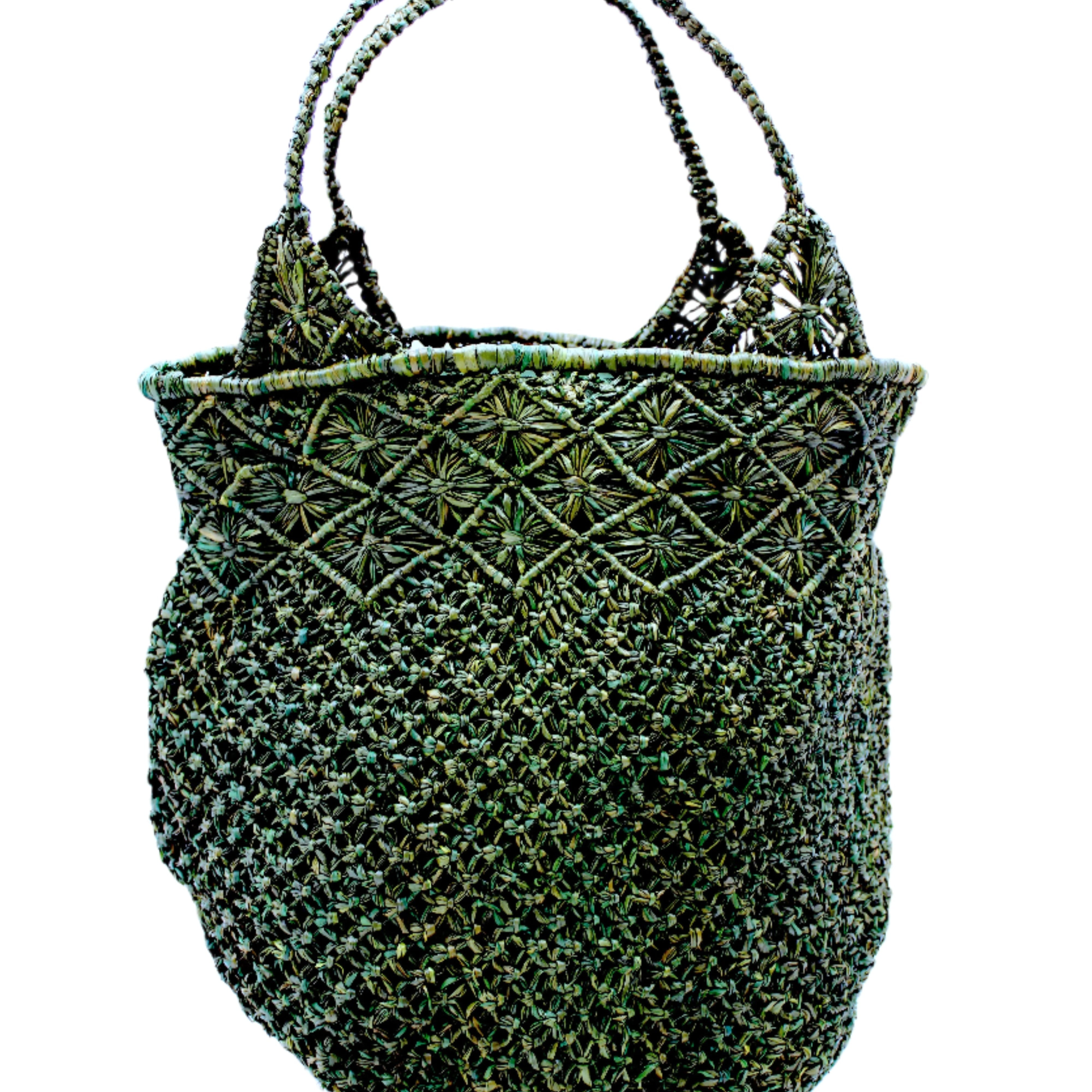 Luca Macrame Diamonds Crochet Straw Handbag handmade knotted natural raffia palm fiber in a solid hue of Deep Green forest/army/dark/green in a multi-texture circular pattern of concentric spiral links on the base, cross-hatch x pattern up 2/3rds of the bag, and geometric diamond flower pattern around the top third, with diamond pattern on the base of the shoulder strap handles with tubular loop handle tops - Shebobo