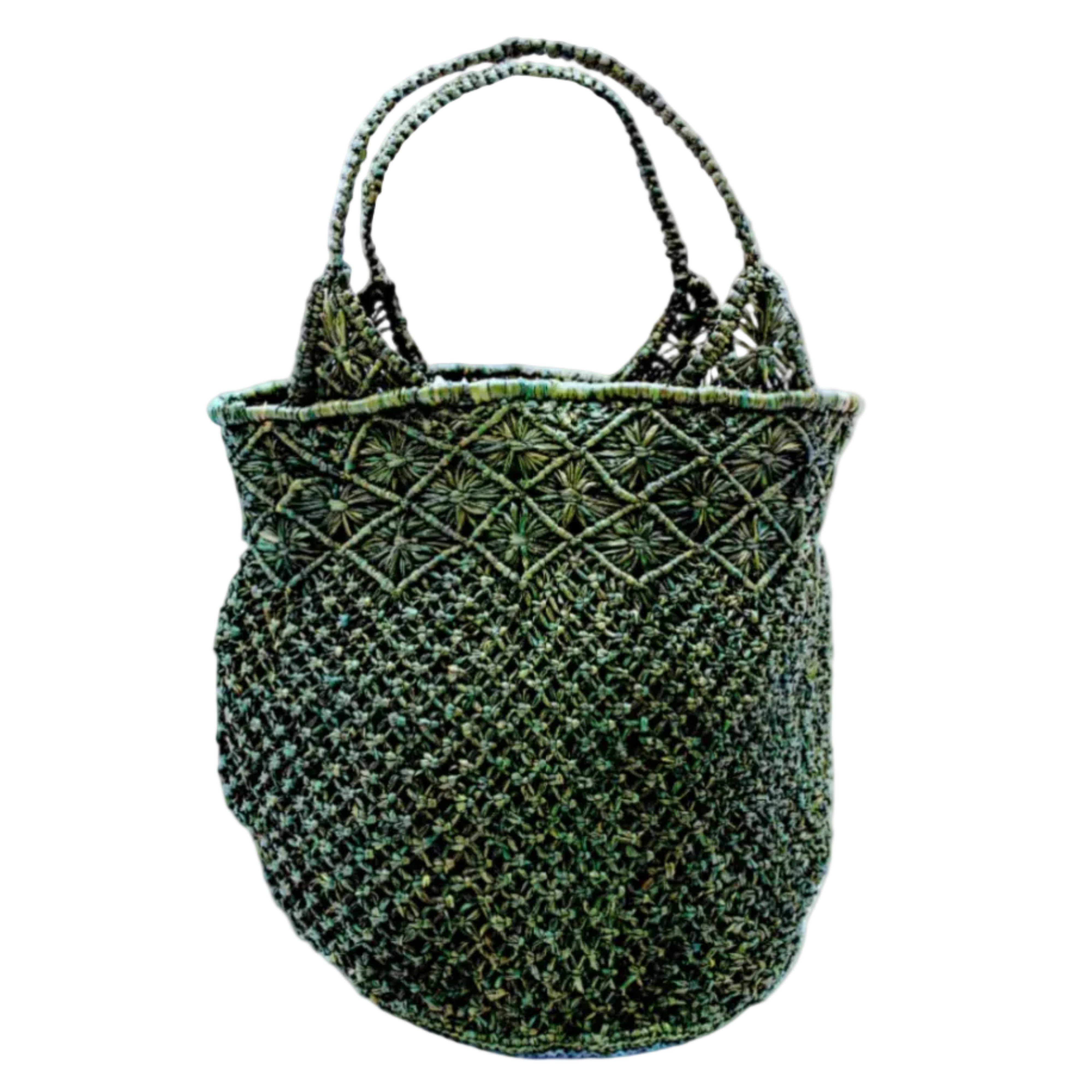 Luca Macrame Diamonds Crochet Straw Handbag handmade knotted natural raffia palm fiber in a solid hue of Deep Green forest/army/dark/green in a multi-texture circular pattern of concentric spiral links on the base, cross-hatch x pattern up 2/3rds of the bag, and geometric diamond flower pattern around the top third, with diamond pattern on the base of the shoulder strap handles with tubular loop handle tops - Shebobo