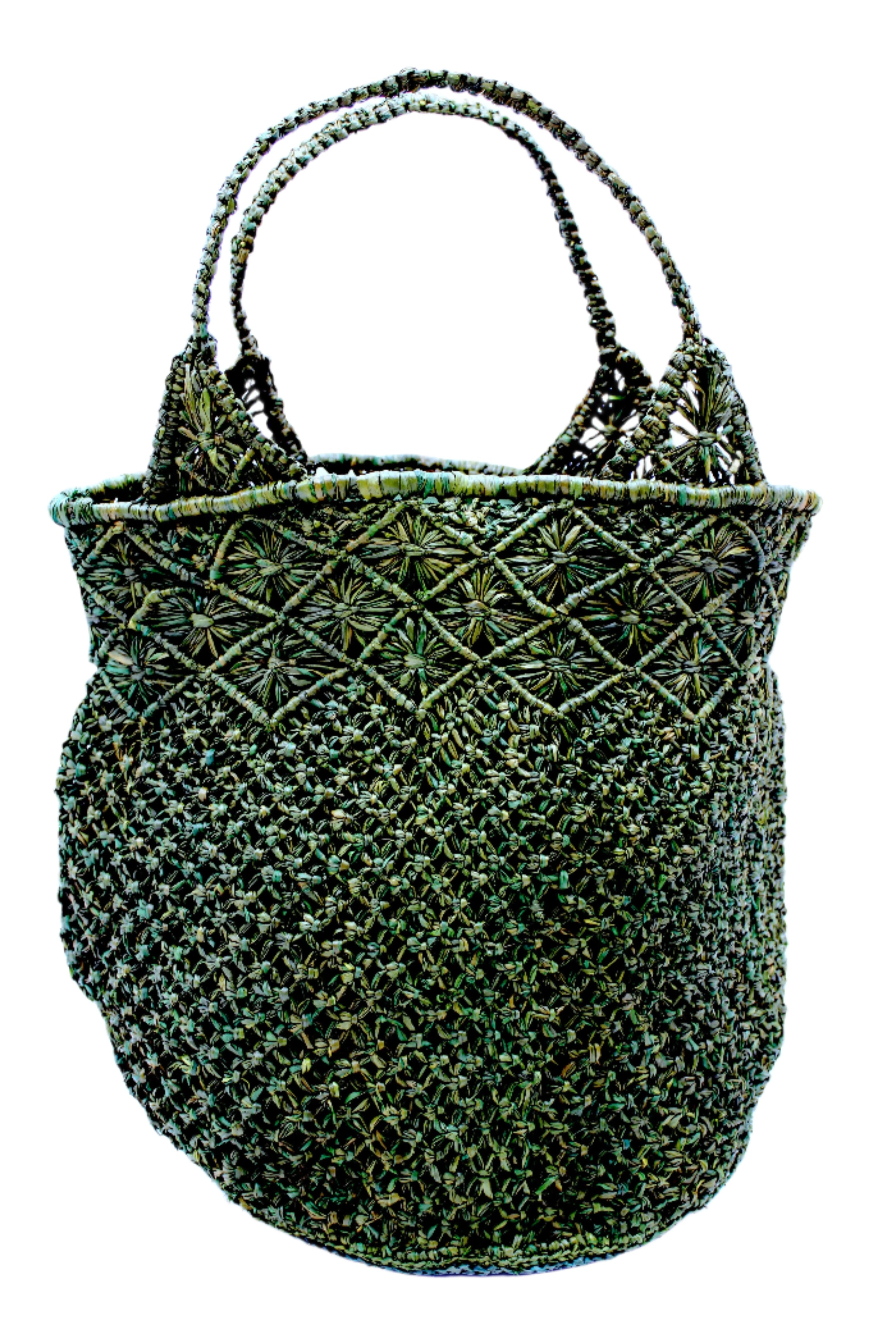 Luca Macrame Diamonds Crochet Straw Handbag handmade knotted natural raffia palm fiber in a solid hue of Deep Green forest/army/dark/green in a multi-texture circular pattern of concentric spiral links on the base, cross-hatch x pattern up 2/3rds of the bag, and geometric diamond flower pattern around the top third, with diamond pattern on the base of the shoulder strap handles with tubular loop handle tops - Shebobo