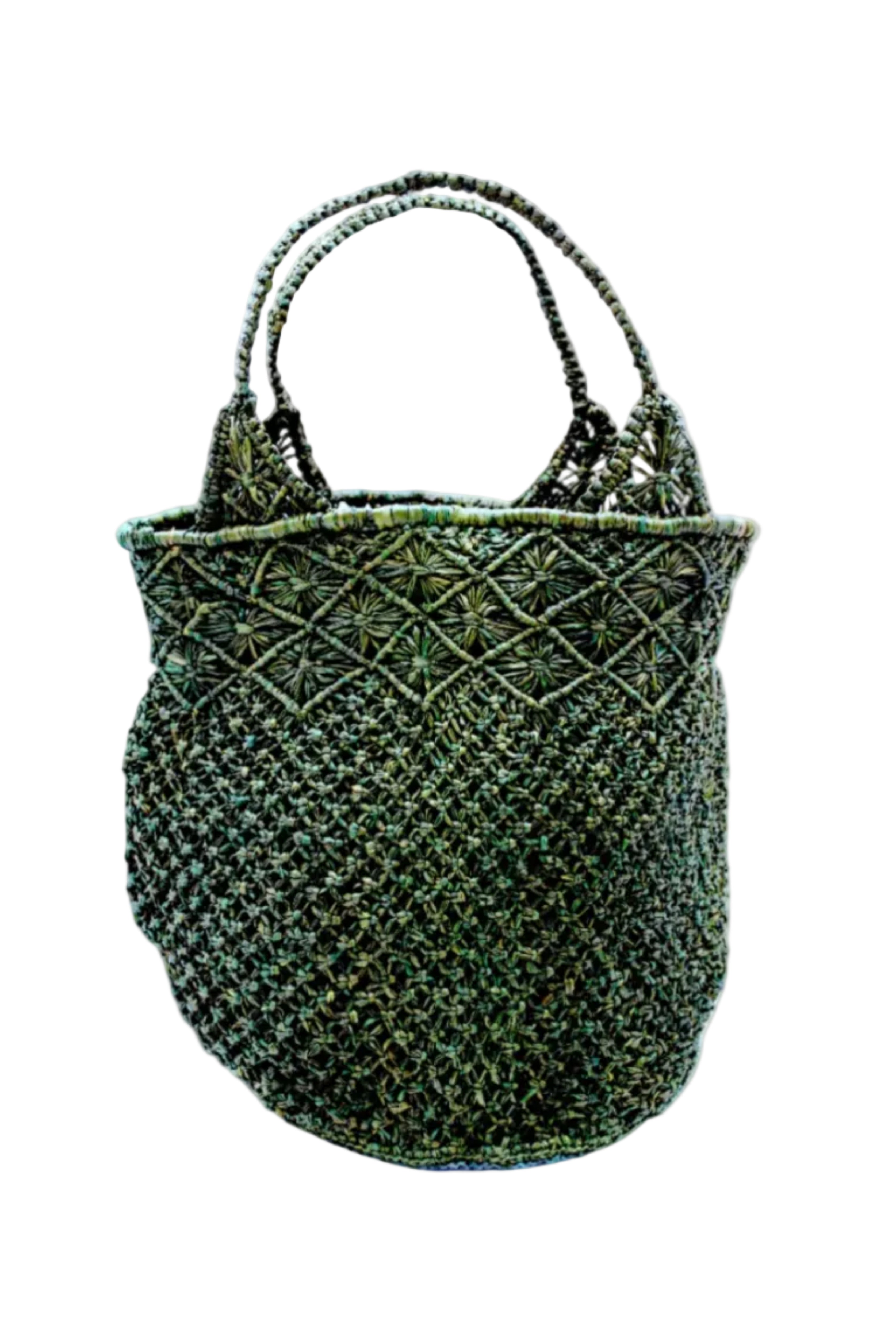 Luca Macrame Diamonds Crochet Straw Handbag handmade knotted natural raffia palm fiber in a solid hue of Deep Green forest/army/dark/green in a multi-texture circular pattern of concentric spiral links on the base, cross-hatch x pattern up 2/3rds of the bag, and geometric diamond flower pattern around the top third, with diamond pattern on the base of the shoulder strap handles with tubular loop handle tops - Shebobo