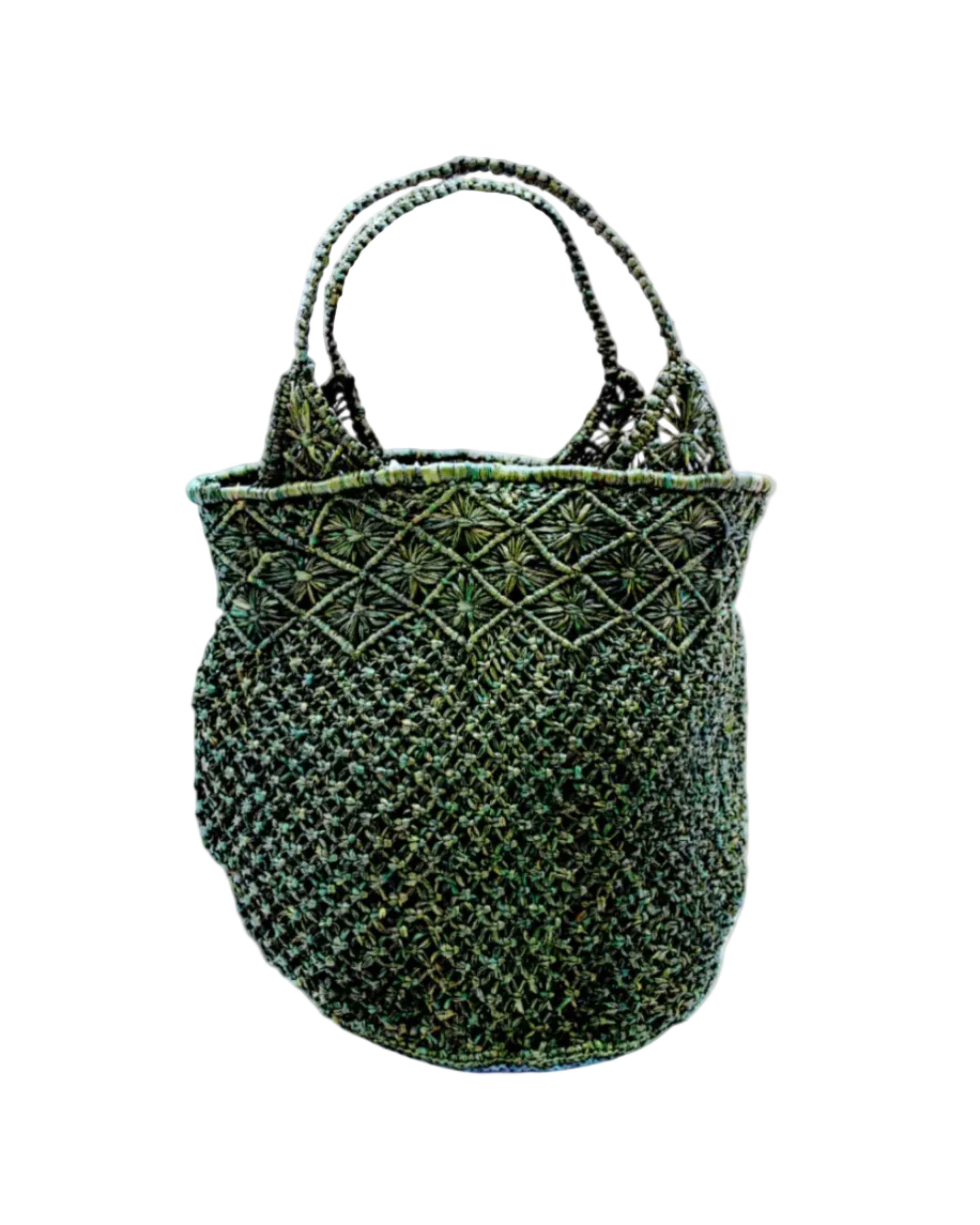 Luca Macrame Diamonds Crochet Straw Handbag handmade knotted natural raffia palm fiber in a solid hue of Deep Green forest/army/dark/green in a multi-texture circular pattern of concentric spiral links on the base, cross-hatch x pattern up 2/3rds of the bag, and geometric diamond flower pattern around the top third, with diamond pattern on the base of the shoulder strap handles with tubular loop handle tops - Shebobo