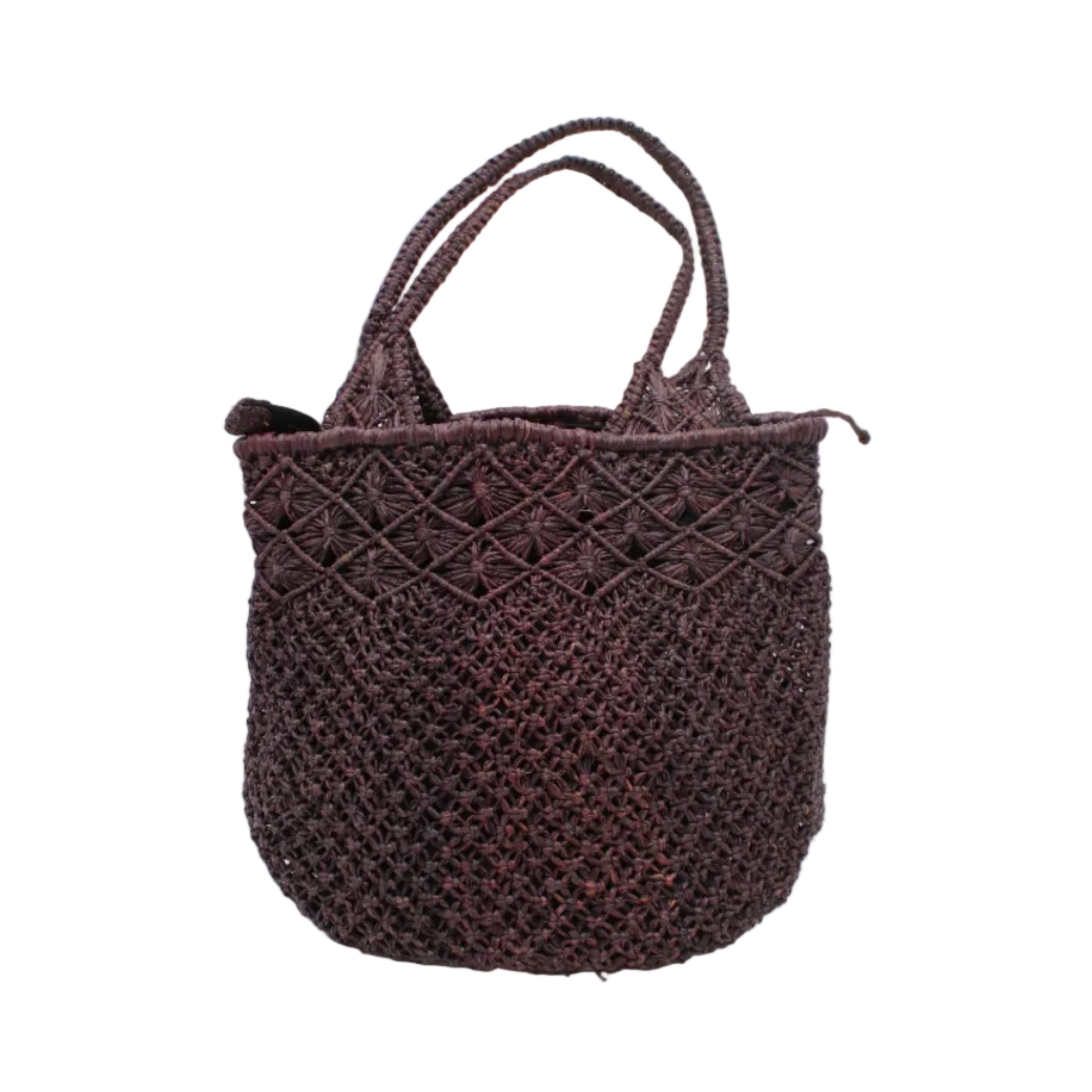 Luca Macrame Diamonds Crochet Straw Handbag handmade knotted natural raffia palm fiber in a solid hue of Mocha chocolate/dark/brown in a multi-texture circular pattern of concentric spiral links on the base, cross-hatch x pattern up 2/3rds of the bag, and geometric diamond flower pattern around the top third, with diamond pattern on the base of the shoulder strap handles with tubular loop handle tops - Shebobo